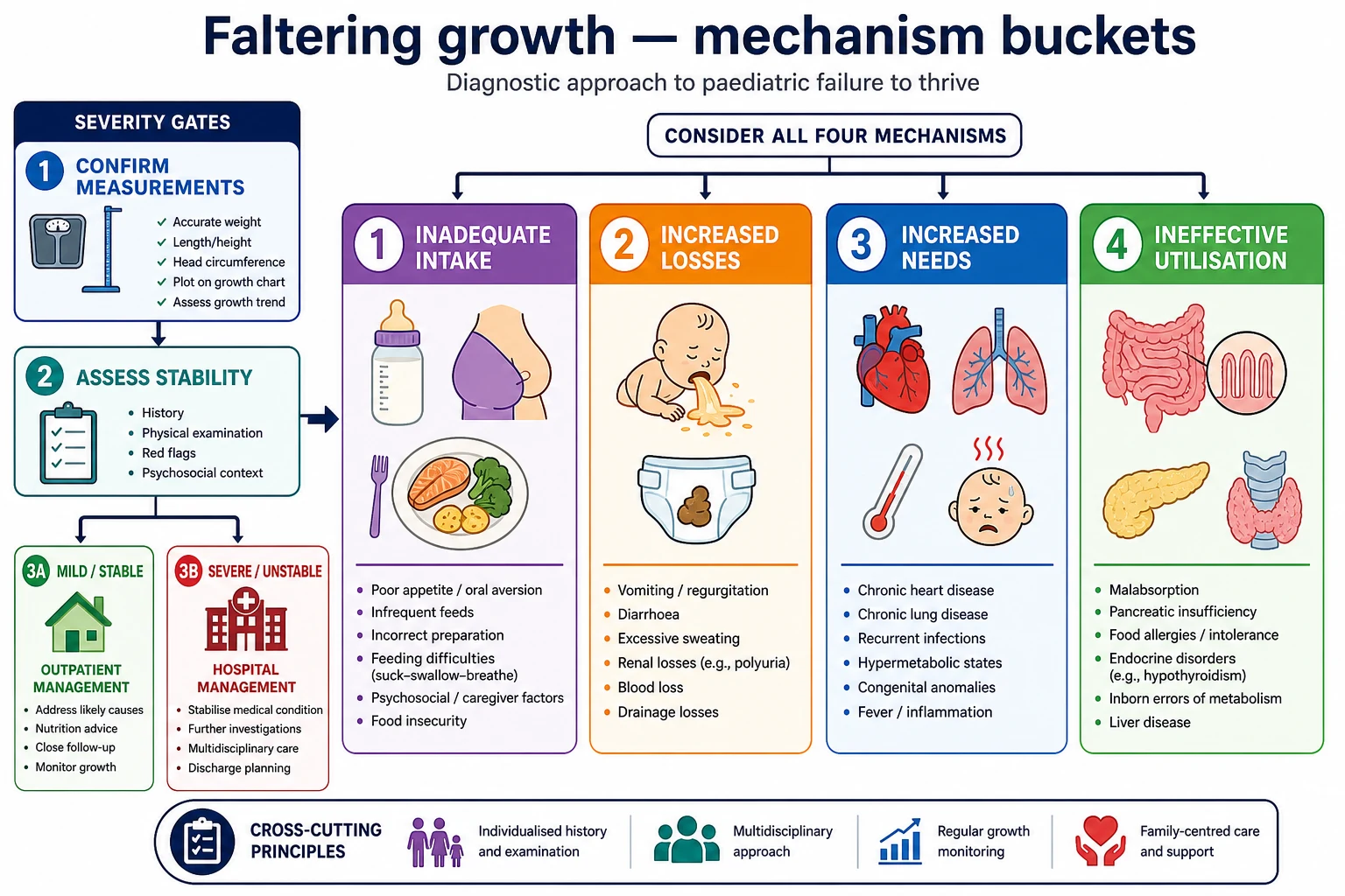 Four mechanism buckets for faltering growth: inadequate intake, increased losses, increased needs, and ineffective utilisation, with severity gates