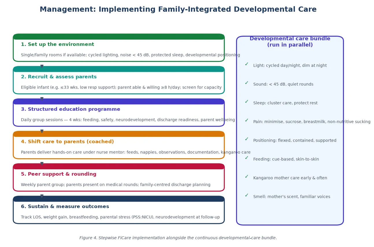 Six-step FiCare implementation ladder from environment set-up through outcome measurement, with a parallel developmental care bundle sidebar covering light, sound, sleep, pain, positioning, feeding, kangaroo care, and smell
