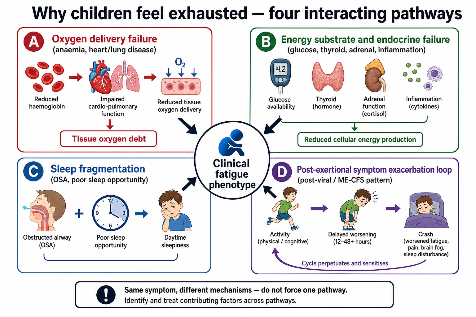 Four pathways producing paediatric fatigue: oxygen delivery, endocrine-metabolic energy, sleep fragmentation, and post-exertional exacerbation