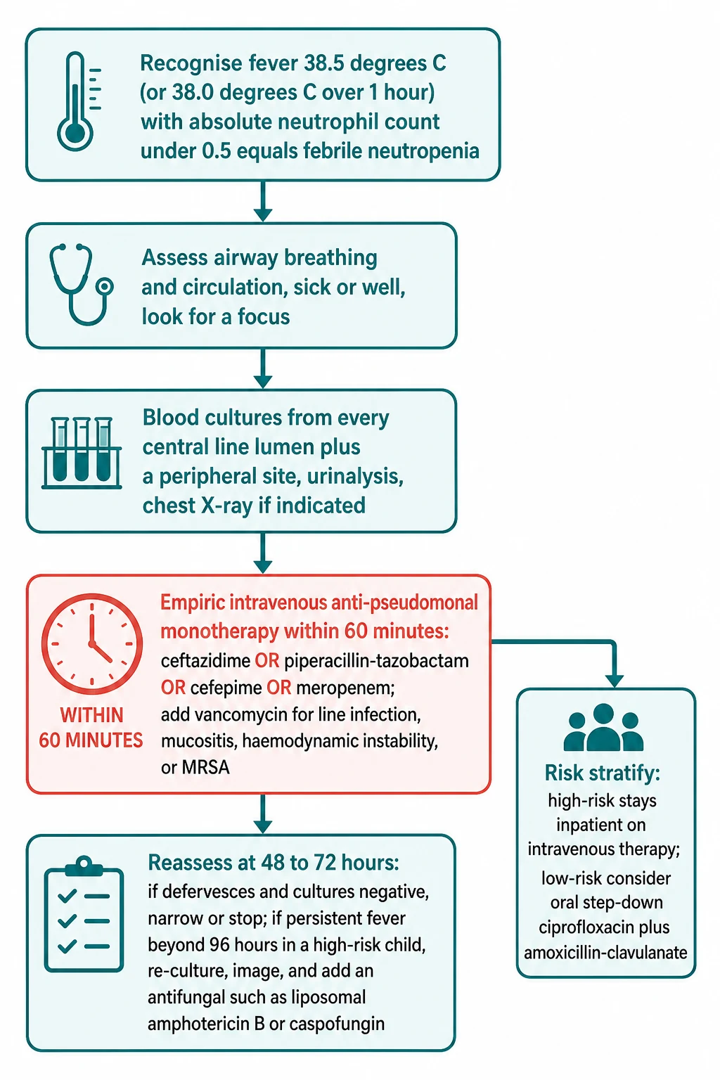 A clean medical-education management flowchart on a white background for the first hour of febrile neutropenia in a child with cancer. A rounded start box reads Recognise fever 38.5 degrees Celsius or 38.0 degrees Celsius over one hour with absolute neutrophil count under 0.5 equals febrile neutropenia. An arrow flows to Assess airway breathing and circulation, sick or well, look for a focus. An arrow flows to Blood cultures from every central line lumen plus peripheral, urinalysis, chest X-ray if indicated. An arrow flows to a red time-critical box Empiric intravenous anti-pseudomonal monotherapy within 60 minutes ceftazidime or piperacillin-tazobactam or cefepime or meropenem, add vancomycin for line infection, mucositis, instability or MRSA. A side branch Risk stratify high-risk inpatient intravenous, low-risk consider oral step-down ciprofloxacin plus amoxicillin-clavulanate. A final box reads Reassess at 48 to 72 hours, defervesce and culture-negative narrow or stop, persistent fever re-culture and add antifungal. A clock icon reinforces 60 minutes.