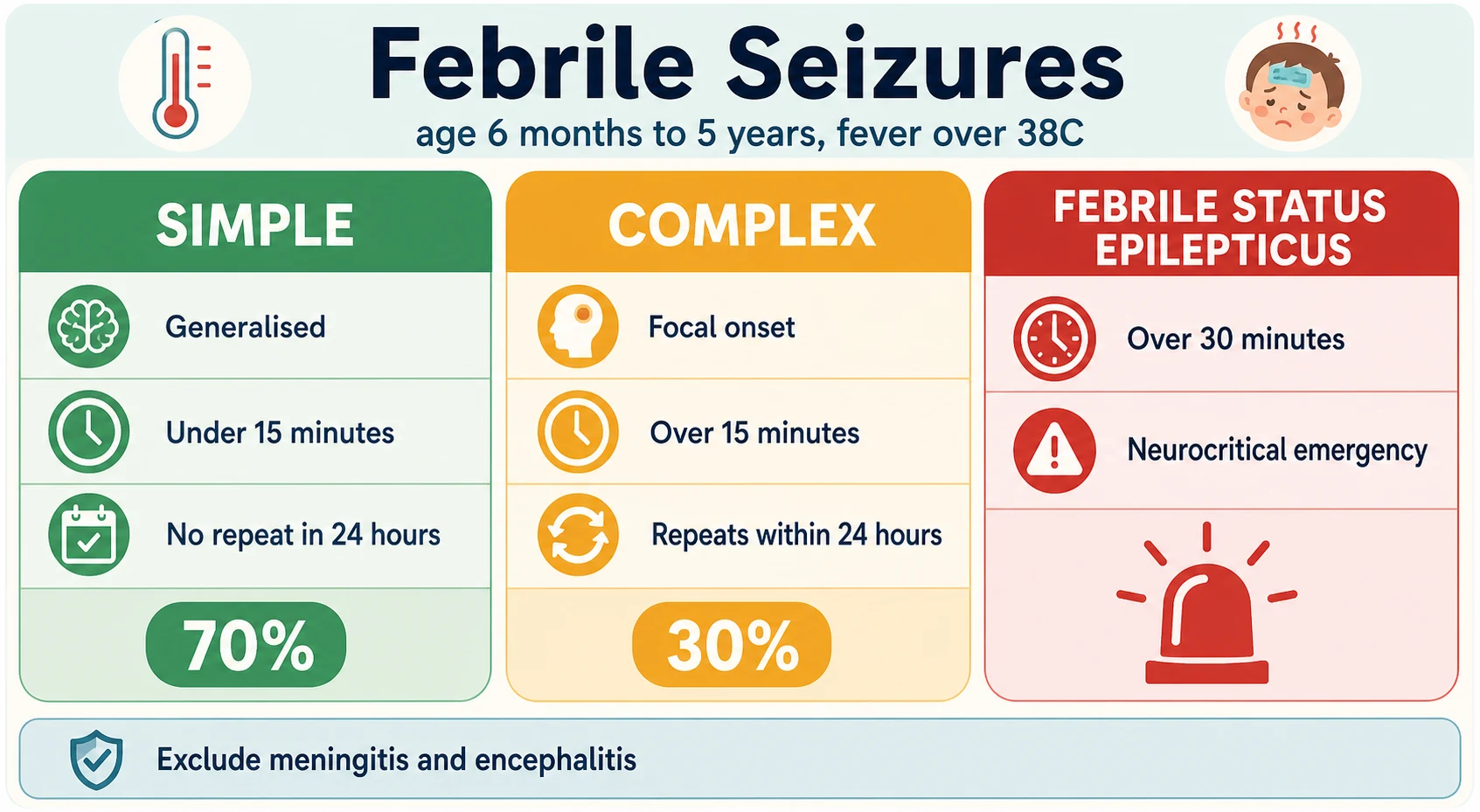 Educational schematic classifying febrile seizures into simple (generalised, under 15 minutes, no recurrence within 24 hours, about 70 per cent), complex (focal onset or over 15 minutes or recurrence within 24 hours, about 30 per cent), and febrile status epilepticus (over 30 minutes), all within the age band of 6 months to 5 years with fever over 38 degrees Celsius