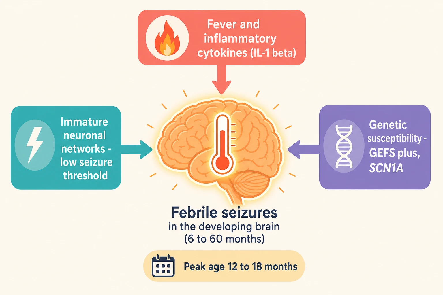 Educational schematic of the mechanism of febrile seizures showing the developing brain of a young child with three converging inputs: fever and inflammatory cytokines such as interleukin-1 beta, immature neuronal networks with a low seizure threshold, and genetic susceptibility such as GEFS plus and SCN1A, peaking between 12 and 18 months
