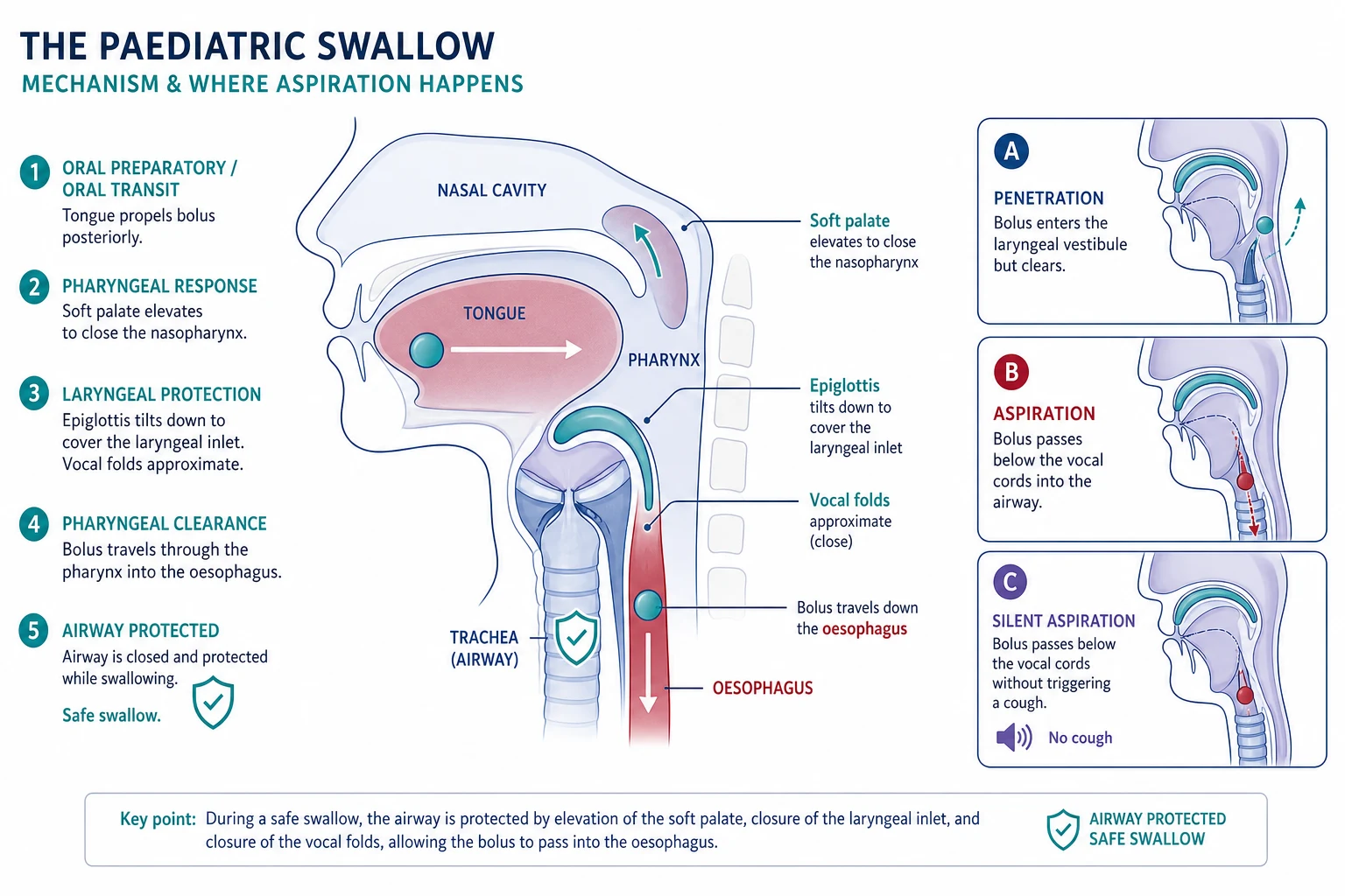 Pathophysiology of the paediatric swallow and aspiration: a midline head and neck cross-section showing the tongue moving the bolus, the soft palate elevating, the epiglottis tilting to cover the laryngeal inlet, the vocal folds closing and the bolus passing into the oesophagus while the trachea is shielded, with callouts for penetration where the bolus enters the laryngeal vestibule but clears, aspiration where it passes below the vocal cords, and silent aspiration with no cough