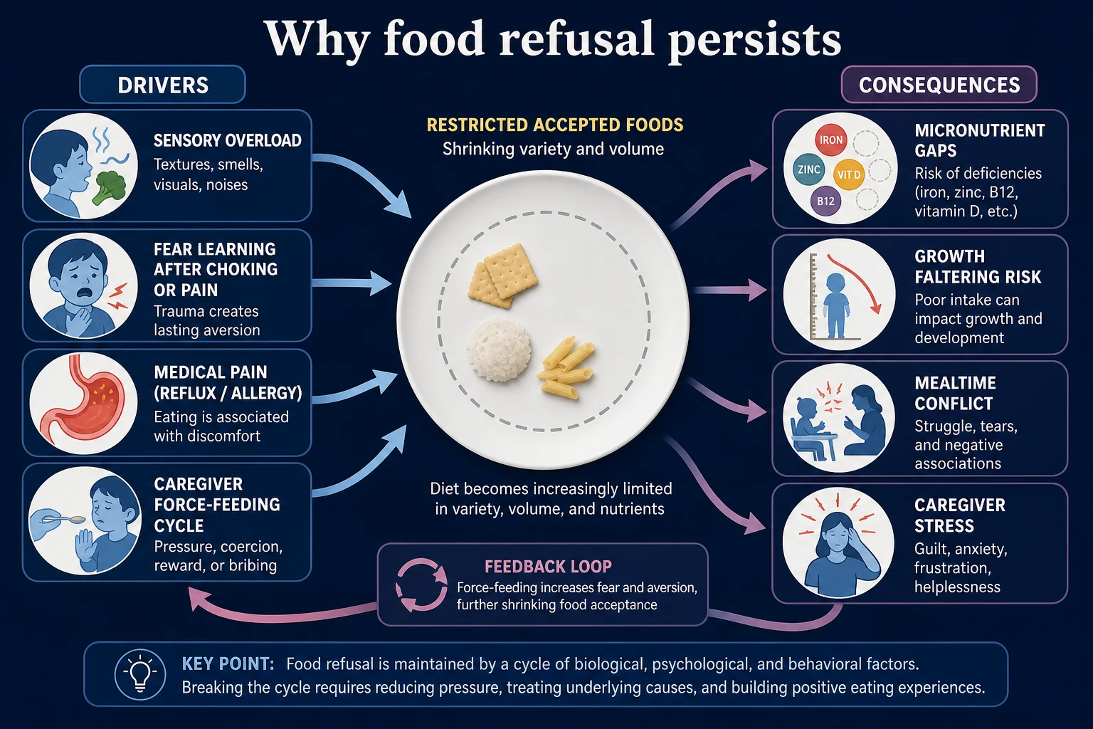 Mechanism map showing sensory overload, fear learning, medical pain and force-feeding cycles leading to restricted intake, micronutrient risk and family stress