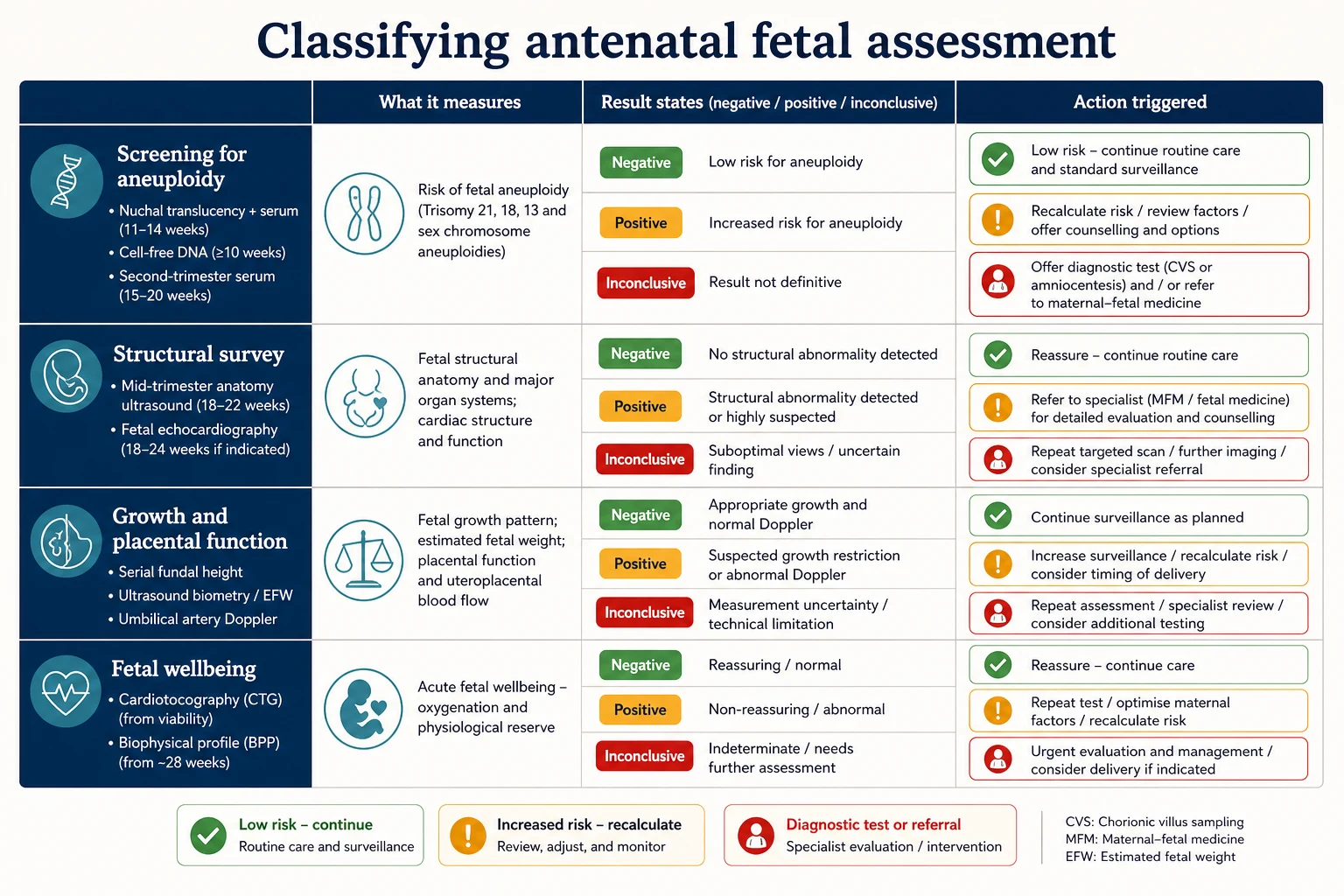 Educational classification matrix mapping the four antenatal fetal assessment domains to what they measure, result states and the action each triggers