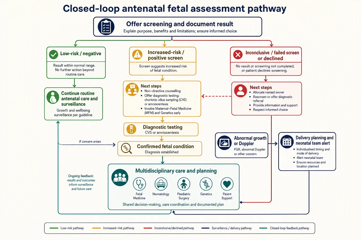 Educational flowchart of the closed-loop antenatal pathway with branches for low-risk, increased-risk, inconclusive and declined results through diagnostic testing, multidisciplinary counselling and growth surveillance