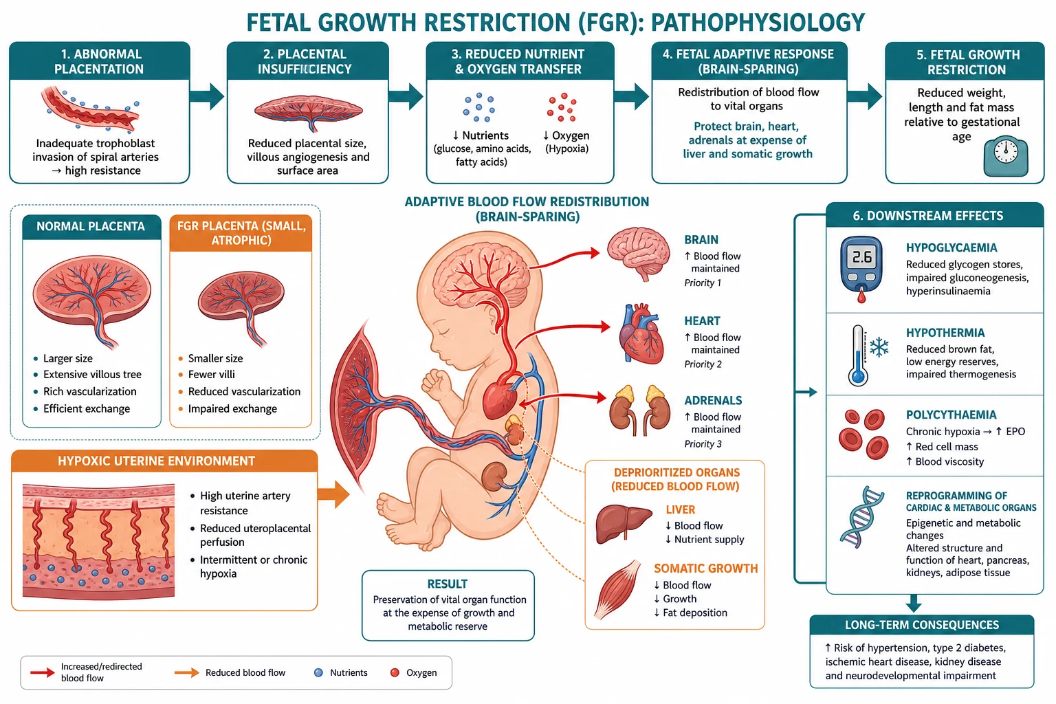 Pathophysiology of fetal growth restriction: abnormal placentation causes placental insufficiency and fetal brain-sparing redistribution, leading to neonatal hypoglycaemia, hypothermia and polycythaemia