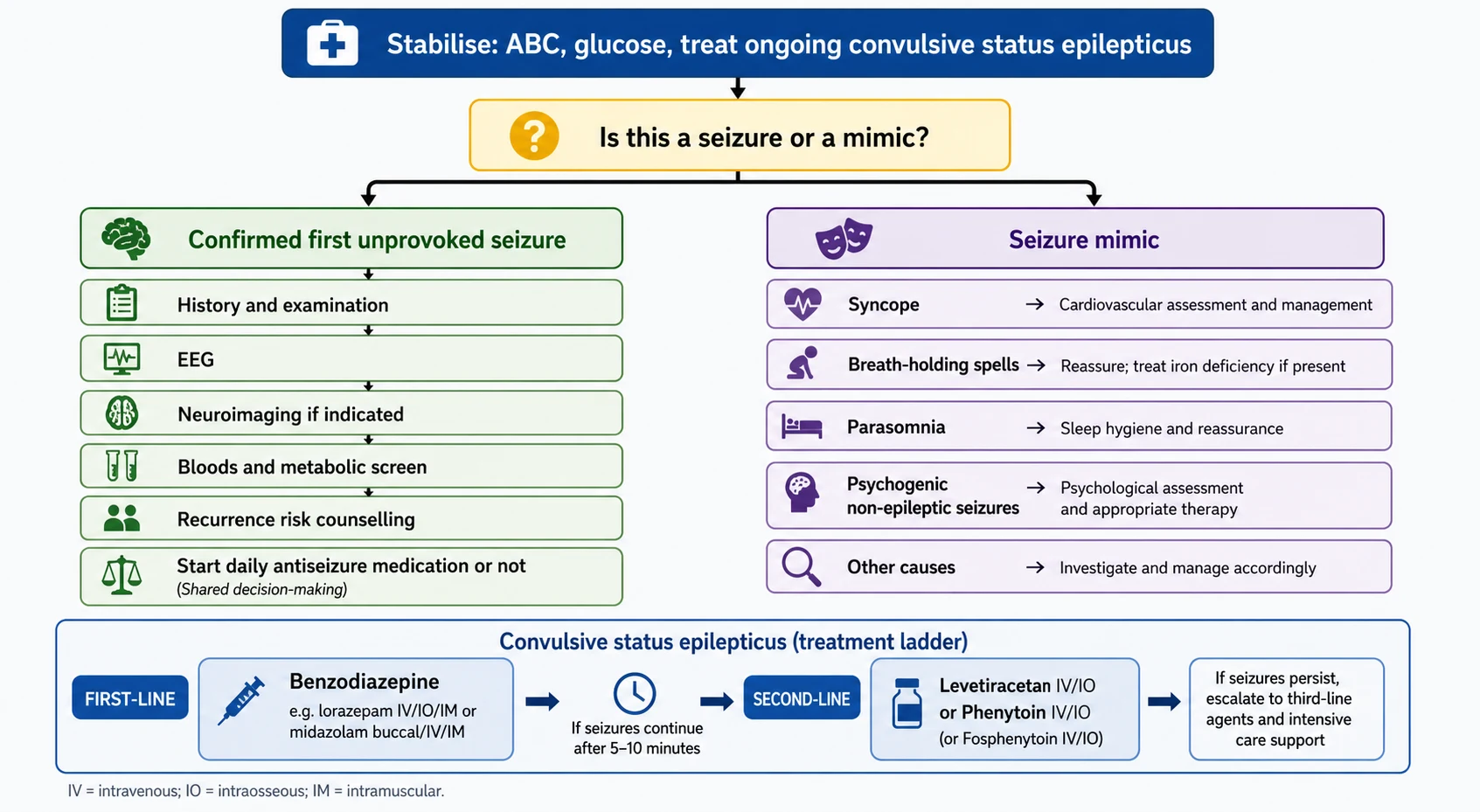 Clinical pathway for the child after a possible first seizure, branching from stabilisation through the seizure-versus-mimic decision, the work-up, and the treatment-versus-wait decision, with a status epilepticus ladder at the foot.