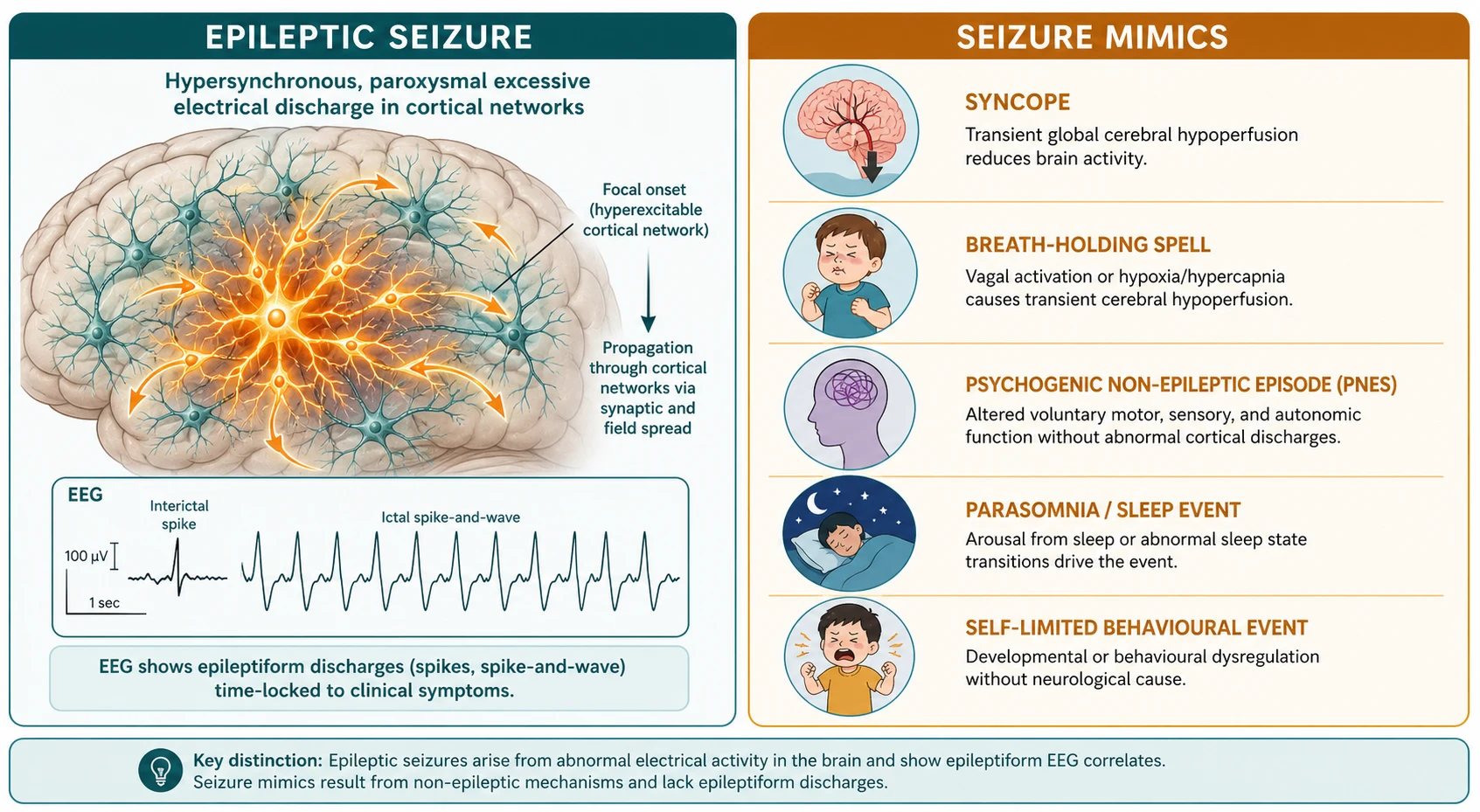 Mechanistic contrast between an epileptic seizure and common seizure mimics, showing hypersynchronous cortical discharge on one side and syncope, breath-holding, parasomnia and psychogenic mechanisms on the other.