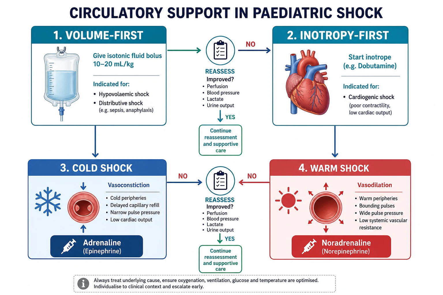 Reviewed educational schematic classifying circulatory support into four quadrants: volume-first (hypovolaemic and distributive shock needing crystalloid boluses) versus inotropy-first (cardiogenic shock needing smaller aliquots and early vasoactive), and cold shock (adrenaline) versus warm shock (noradrenaline) once fluid-refractory, with reassessment gates between each step