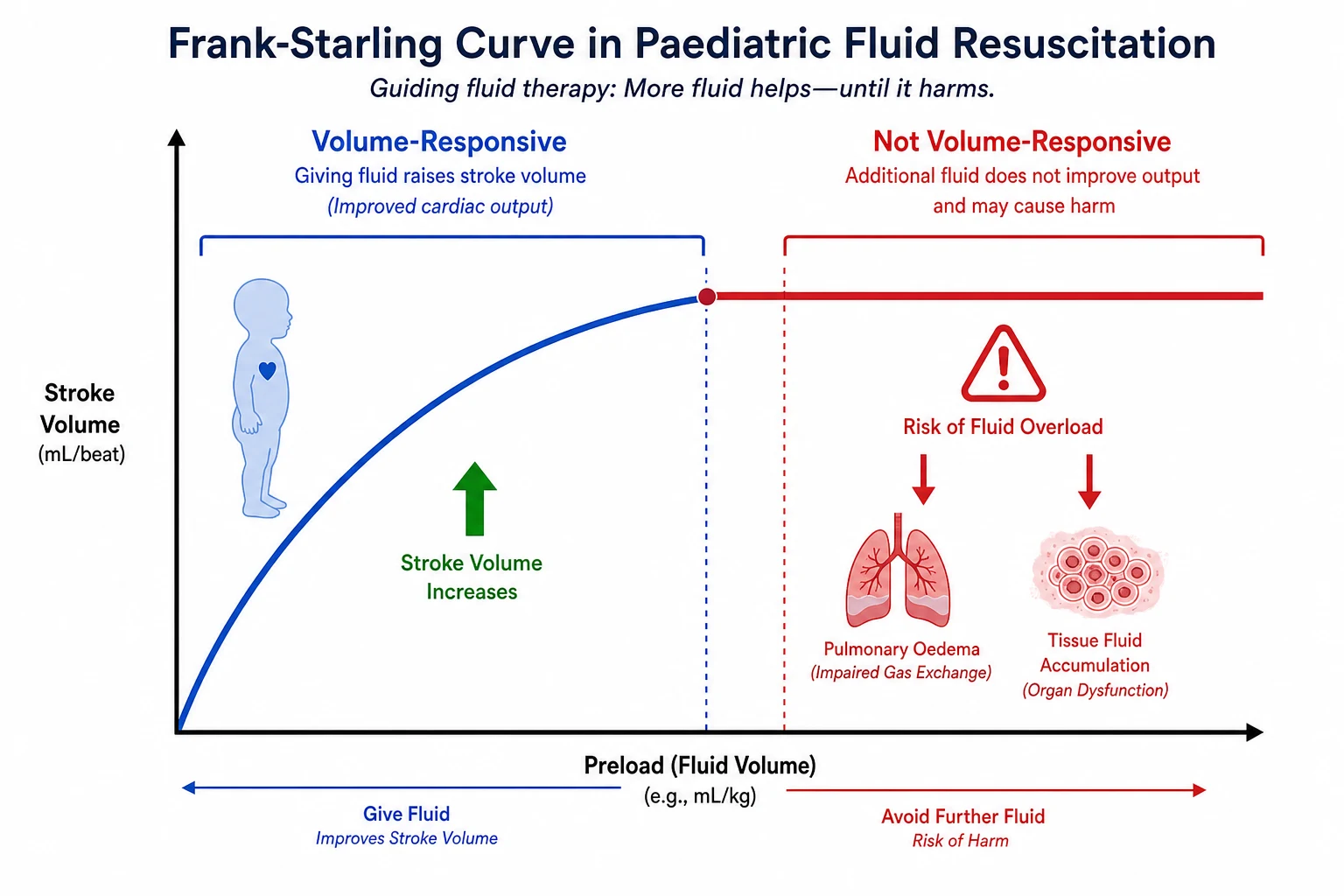 Reviewed educational schematic showing the Frank-Starling curve in children: a volume-responsive child on the ascending limb where a fluid bolus raises stroke volume and cardiac output, and a non-volume-responsive child on the flat portion where additional fluid does not improve output and instead causes interstitial accumulation, pulmonary oedema and worsening perfusion