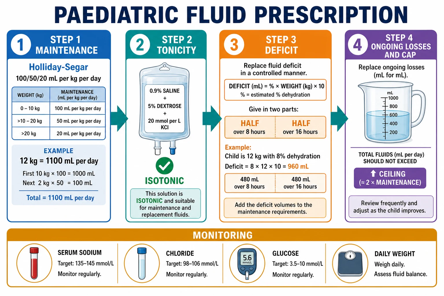 Stepwise management flowchart for paediatric fluid prescription. Four numbered steps run left to right. Step one calculates daily maintenance water by the Holliday-Segar rule with a worked example for a twelve kg infant giving one thousand one hundred mL per day. Step two chooses an isotonic fluid such as zero point nine percent saline with five percent dextrose and twenty mmol per litre potassium chloride once urine output is confirmed. Step three adds the dehydration deficit as percent times weight times ten, with half replaced over eight hours and half over sixteen hours, and subtracts any bolus volumes already given. Step four adds measured ongoing losses volume for volume and applies the daily weight cap for larger adolescents, with monitoring banners for sodium, chloride and glucose.