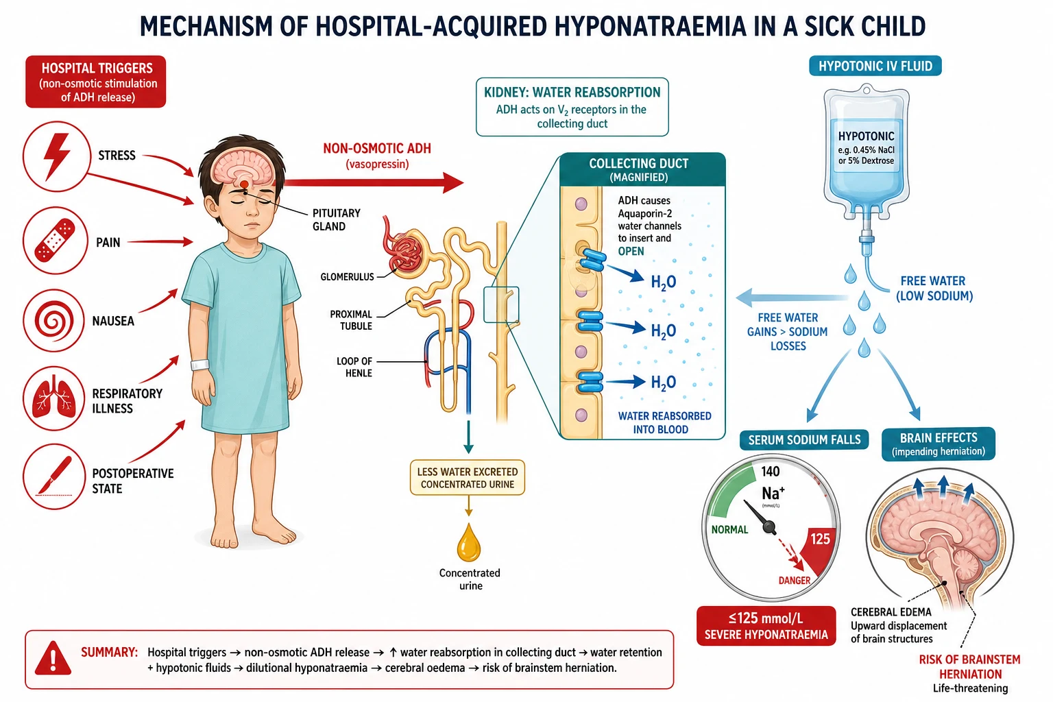 Pathophysiology diagram of hospital-acquired hyponatraemia. On the left, stress, pain, nausea, respiratory illness and the postoperative state all drive the hypothalamus and posterior pituitary to release non-osmotic ADH, shown as a red arrow to the kidney. In the centre, a nephron shows ADH opening aquaporin channels in the collecting duct so water is reabsorbed and urine becomes concentrated. On the right, a hypotonic fluid bag pours free water into a child whose ADH is raised, the serum sodium gauge falls from one hundred and forty toward one hundred and twenty-five, and a brain inset shows swelling with impending brainstem herniation.