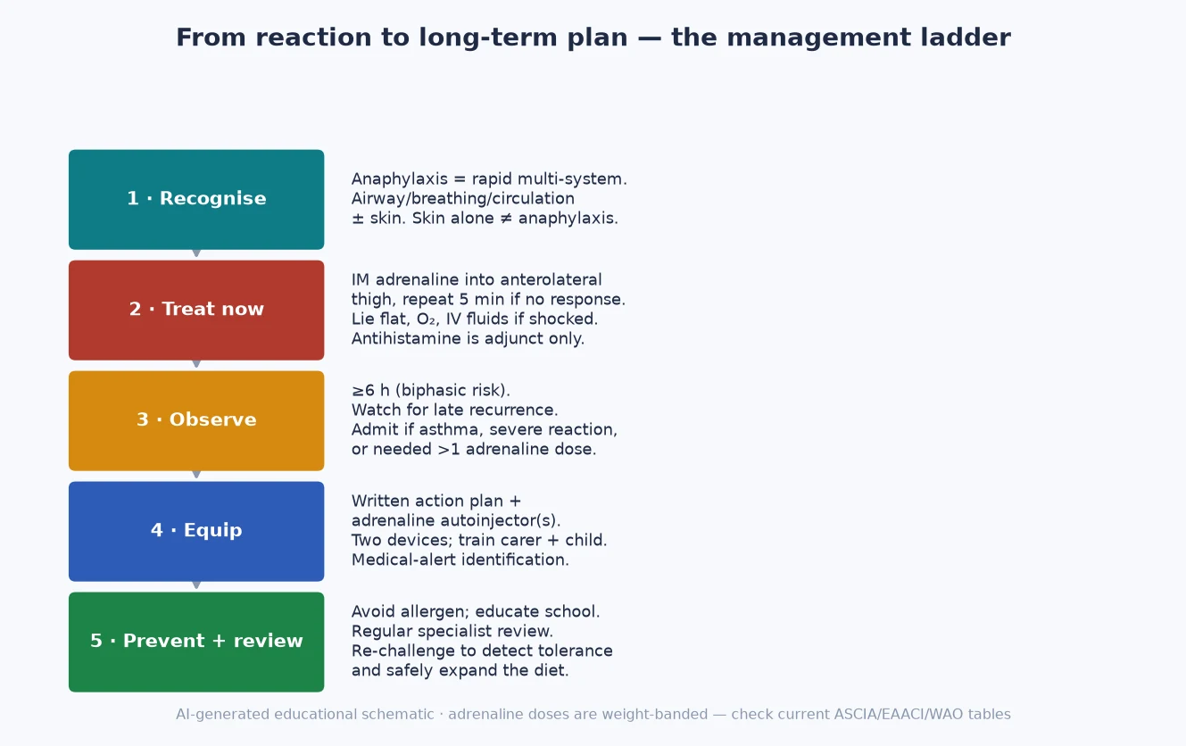 Five-step vertical management ladder from recognising a reaction to a long-term written plan and specialist review