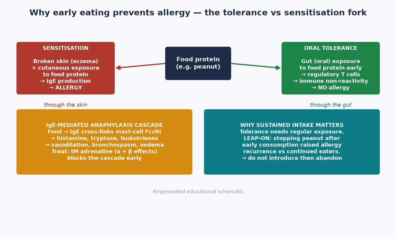 Dual-exposure pathway schematic showing skin sensitisation versus oral tolerance, with the IgE anaphylaxis cascade and sustained-intake rationale
