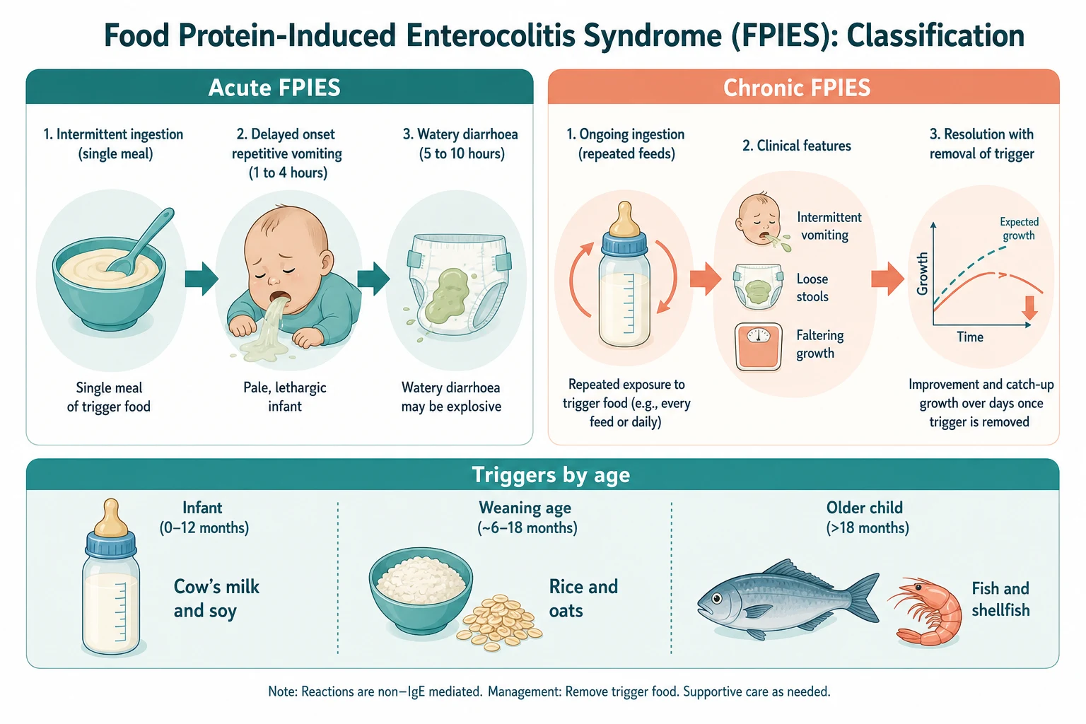 Classification of food protein-induced enterocolitis syndrome into acute and chronic patterns. Acute FPIES, from intermittent ingestion, shows delayed repetitive vomiting at one to four hours followed by lethargy, pallor and watery diarrhoea at five to ten hours. Chronic FPIES, from ongoing formula feeding, shows intermittent vomiting, diarrhoea and faltering growth that resolve over days once the trigger food is removed. A third arm shows the most common trigger foods by age: cow's milk and soy in young infants, rice oats and other grains in weaning infants, and fish and shellfish in older children