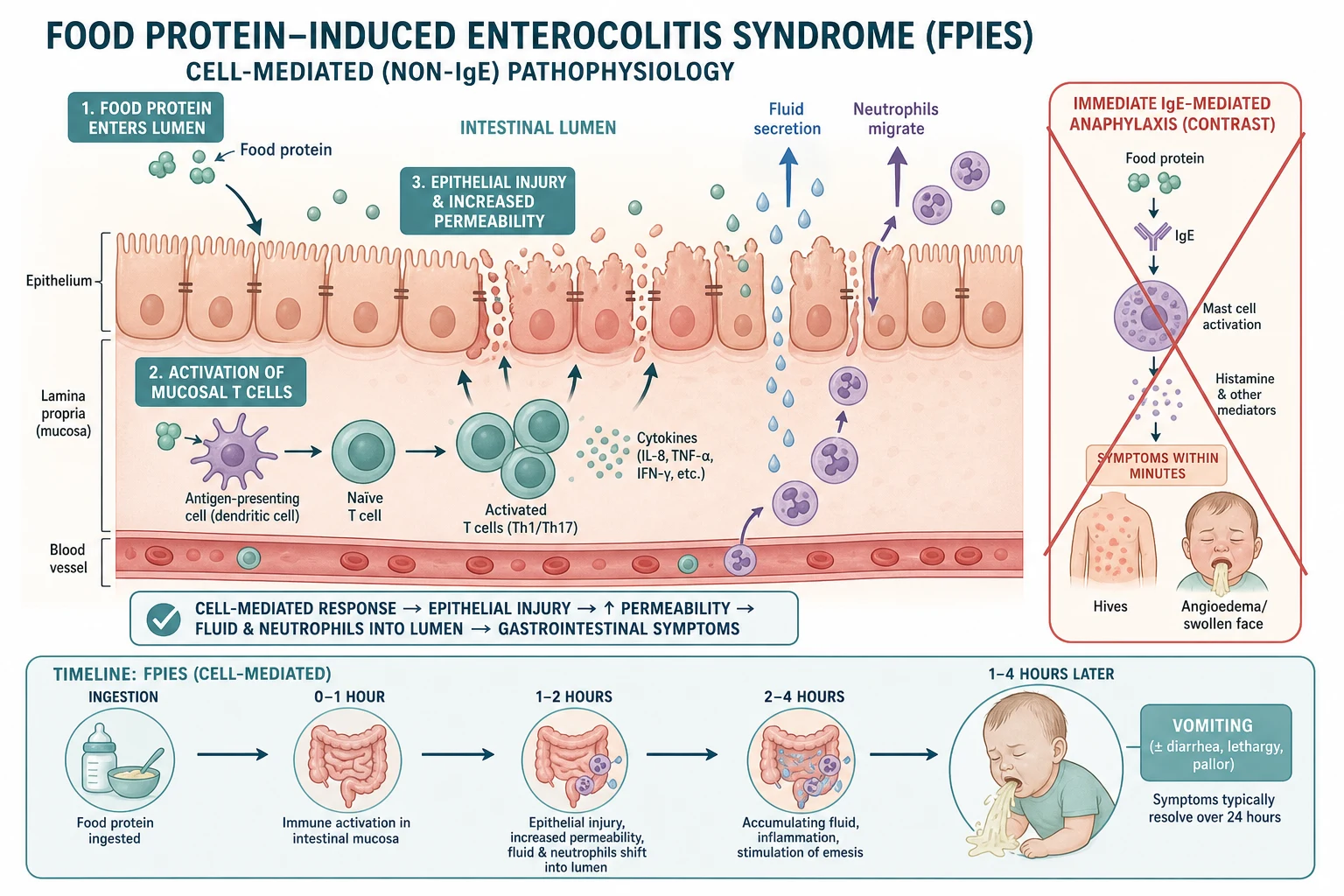 Pathophysiology of FPIES as a cell-mediated, non-IgE reaction. A trigger food protein reaches the intestinal mucosa and drives a T-cell-led inflammatory response that injures the gut epithelium, increases mucosal permeability and shifts fluid and neutrophils into the lumen. The timeline shows ingestion followed at one to four hours by repetitive vomiting, pallor and lethargy, and at five to ten hours by watery diarrhoea, contrasting this with the minutes-to-symptoms timing of IgE-mediated anaphylaxis. A panel shows the severe end of the spectrum progressing to dehydration, metabolic acidosis, hypotension and methaemoglobinaemia