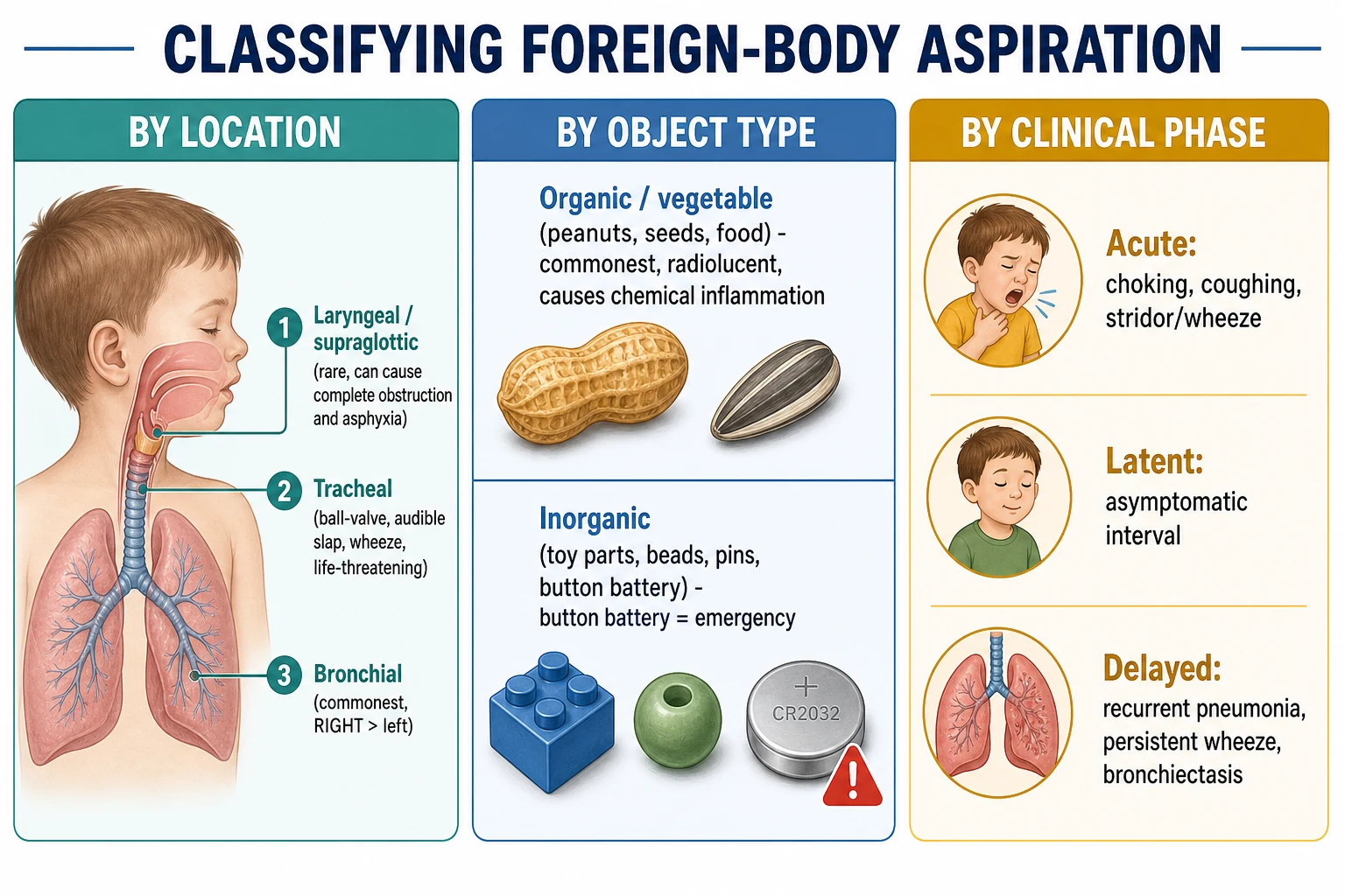 Classification of foreign-body aspiration on three axes: by location (laryngeal and supraglottic causing complete obstruction and asphyxia, tracheal causing a ball-valve and audible slap, and bronchial being commonest with a right-sided predominance), by object type (organic and vegetable such as peanuts and seeds which are commonest, radiolucent and cause chemical inflammation versus inorganic objects such as toy parts, beads, pins and the emergency of a button battery), and by clinical phase (acute choking, latent asymptomatic interval, and delayed complications of recurrent pneumonia, persistent wheeze and bronchiectasis)