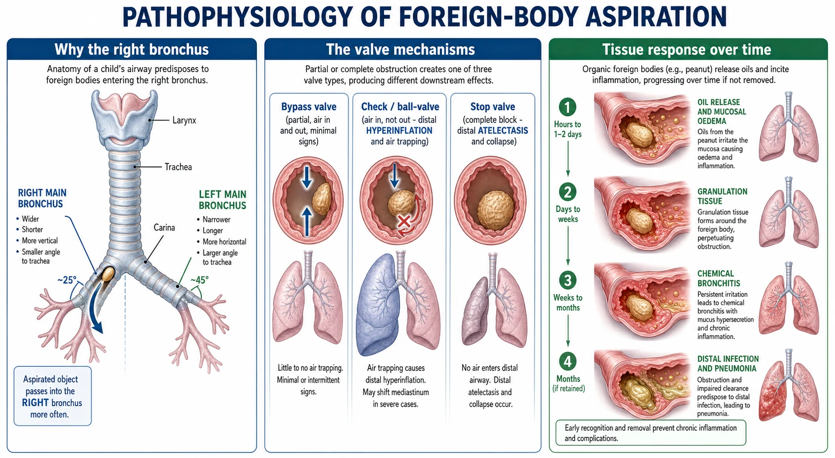 Pathophysiology of foreign-body aspiration showing why the right main bronchus is wider, shorter and more vertical with a smaller angle so aspirated objects pass into it more often, the three valve mechanisms of a bypass valve with air moving in and out and minimal signs, a check or ball-valve with air entering but not escaping causing distal hyperinflation and air trapping, and a stop valve with complete block causing distal atelectasis and collapse, and the tissue response over time as an organic peanut fragment releases oils causing mucosal oedema, then granulation tissue, then chemical bronchitis and distal infection