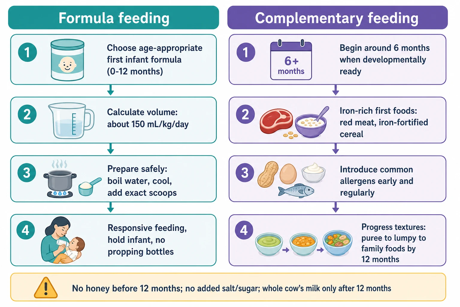 Two-column stepwise management flow for safe formula feeding and the complementary feeding ladder