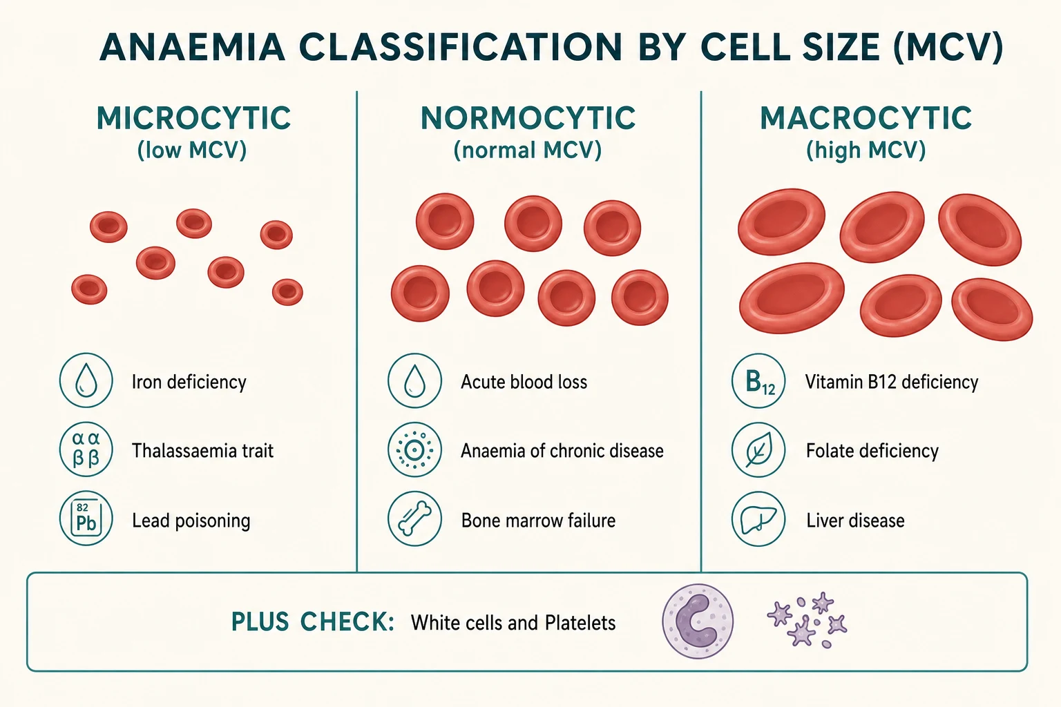 Three vertical columns labelled microcytic, normocytic and macrocytic with representative causes, and a bottom band reminding the reader to check white cells and platelets in parallel
