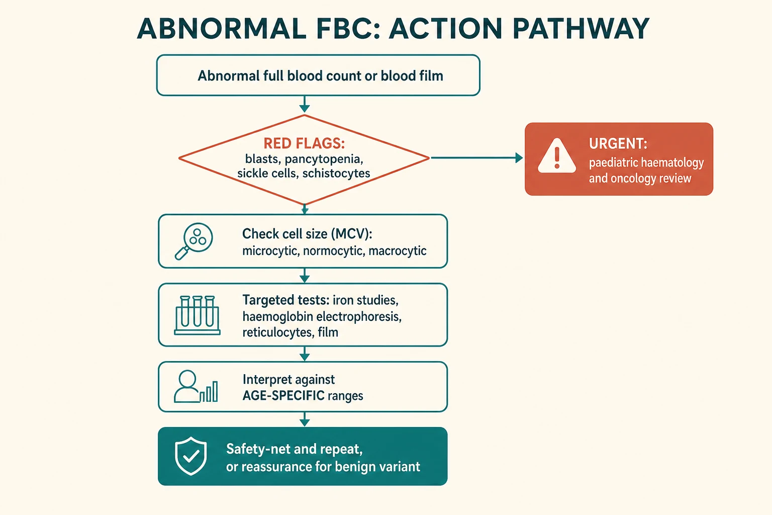 A top-to-bottom flowchart starting at abnormal full blood count, branching right to an urgent red-flag box, then flowing through check cell size, targeted tests, interpret against age-specific ranges, and ending at safety-net and repeat or reassurance