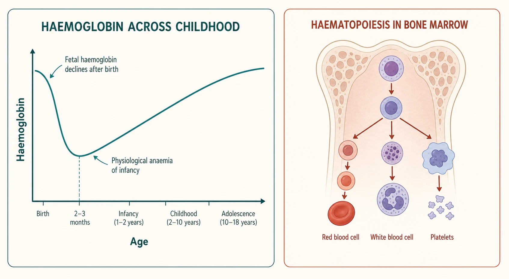 Left panel a line graph of haemoglobin across childhood showing a high birth value, a trough at two to three months labelled physiological anaemia of infancy, then a gradual rise; right panel bone marrow producing red cells, white cells and platelets