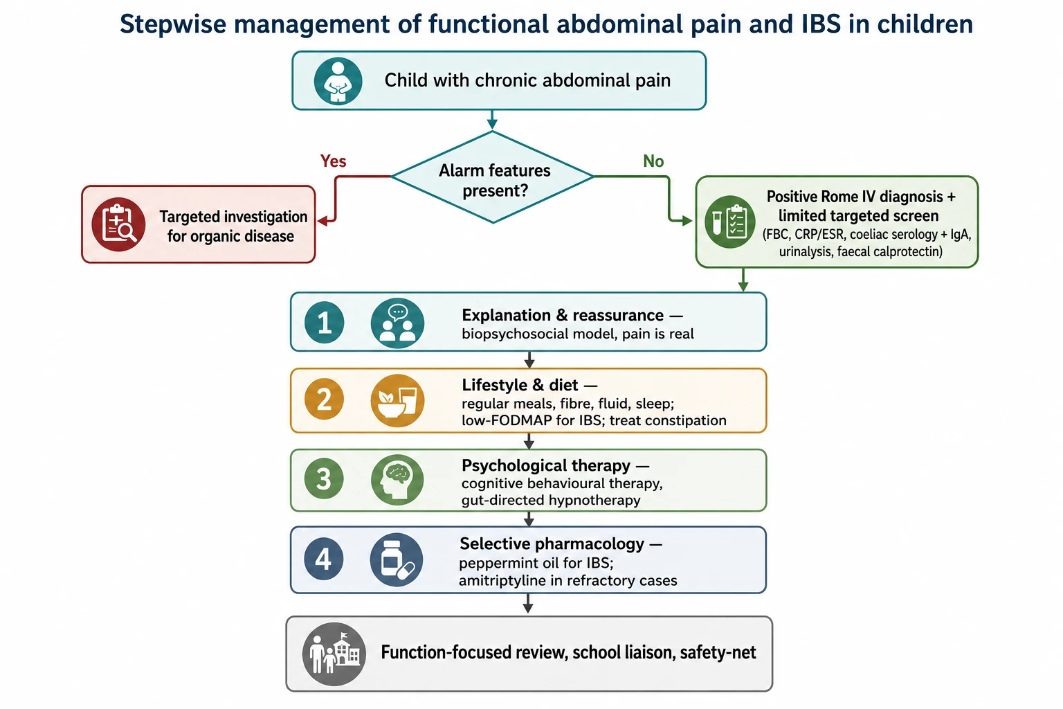 Management algorithm beginning with a child who has chronic abdominal pain, branching on the presence of alarm features toward targeted investigation or a positive Rome IV diagnosis with a limited targeted screen, then a stepwise pathway of explanation and reassurance, lifestyle and dietary measures including low-FODMAP for IBS, psychological therapy with cognitive behavioural therapy and gut-directed hypnotherapy, and selective pharmacology such as peppermint oil and amitriptyline, with function-focused review and school liaison.