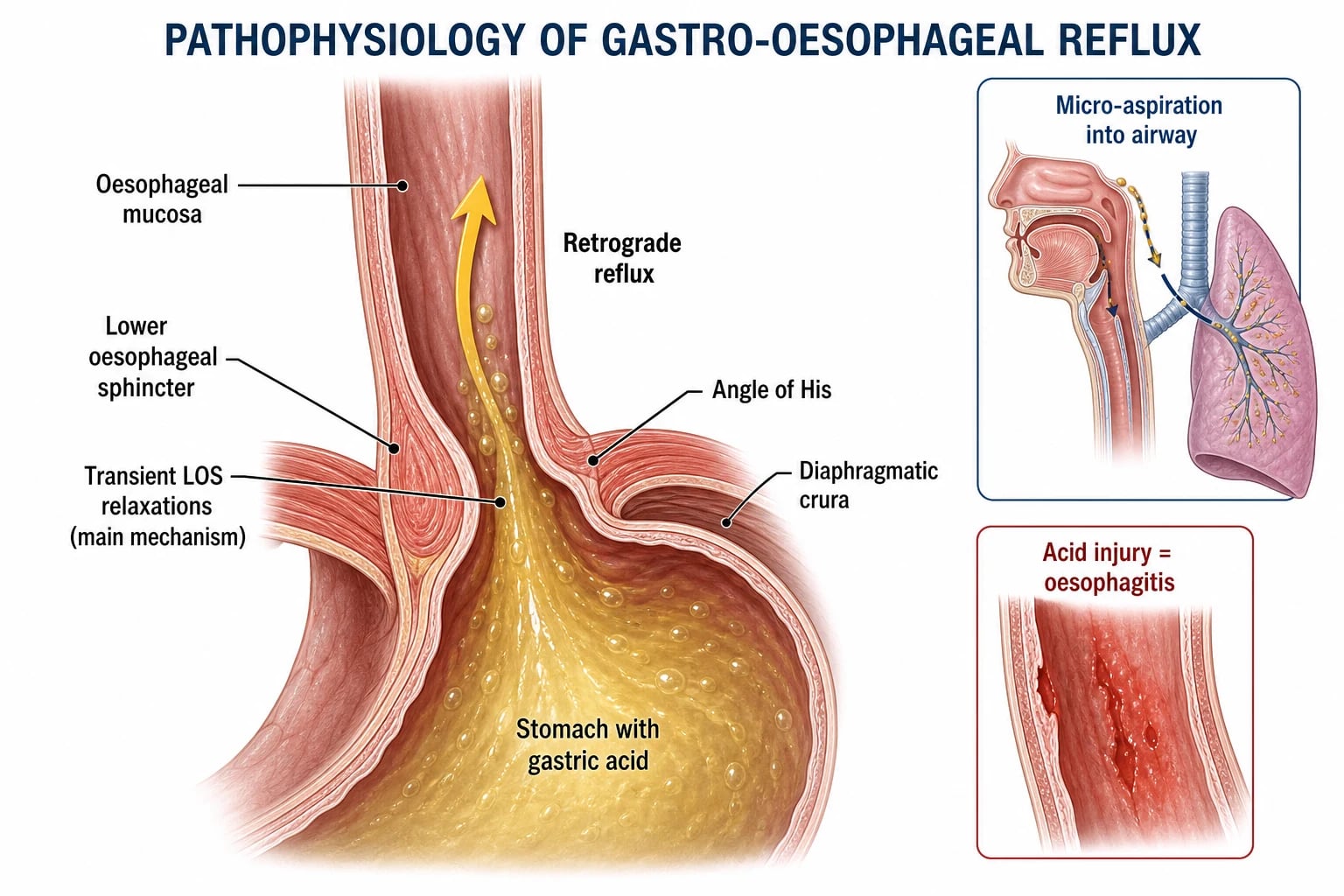 Anatomy of the anti-reflux barrier showing lower oesophageal sphincter, angle of His, diaphragmatic crura, transient relaxations, acid ascent, and micro-aspiration