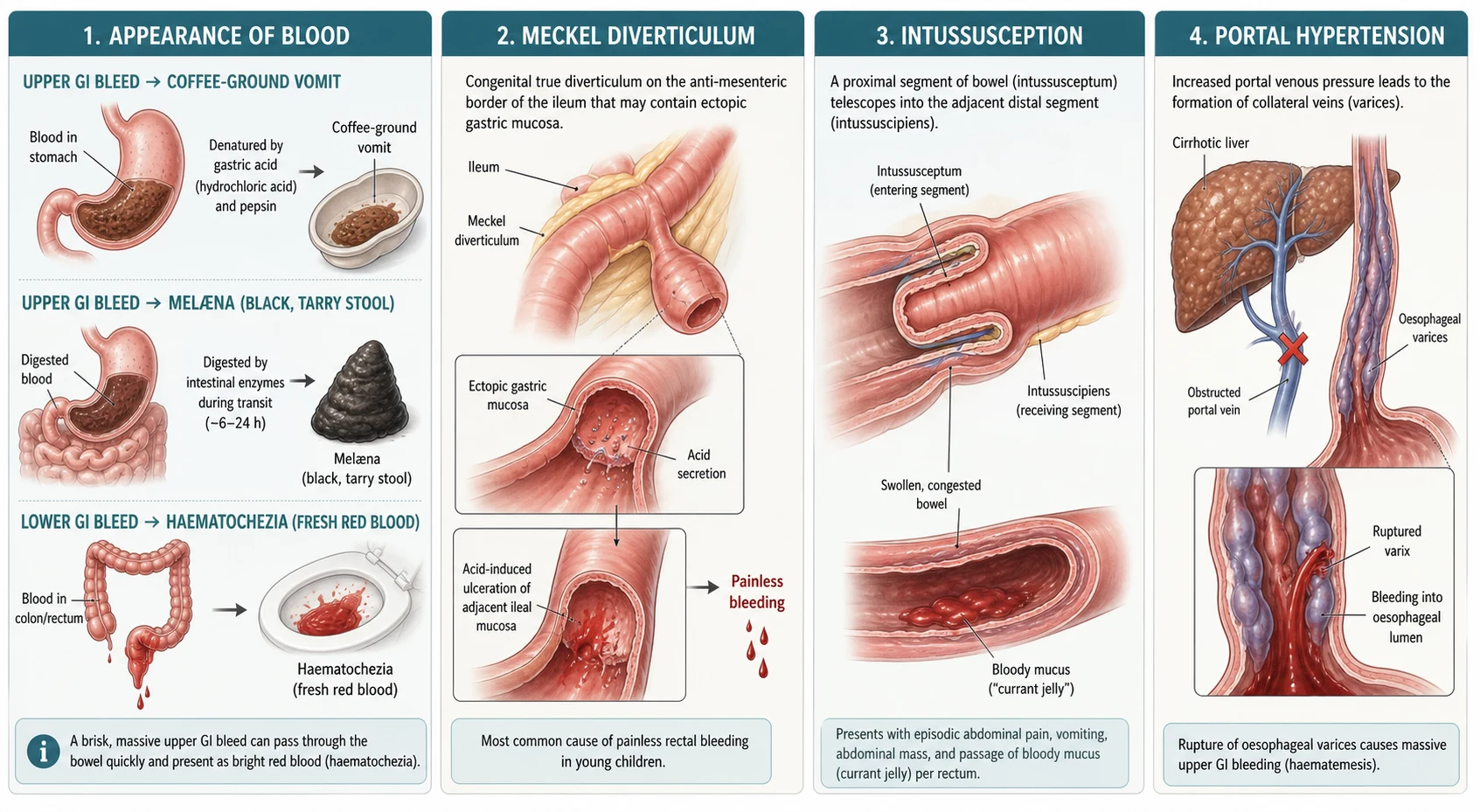 Four-panel pathophysiology diagram. Panel one shows how upper gastrointestinal blood becomes coffee-ground vomit when denatured by gastric acid and melaena when digested in transit, while lower bleeding stays as bright red haematochezia. Panel two shows a Meckel diverticulum with ectopic gastric mucosa secreting acid that ulcerates the adjacent ileum. Panel three shows intussusception with one bowel segment telescoping into another and congested bowel passing currant-jelly mucus. Panel four shows portal hypertension with oesophageal varices rupturing into the oesophageal lumen.