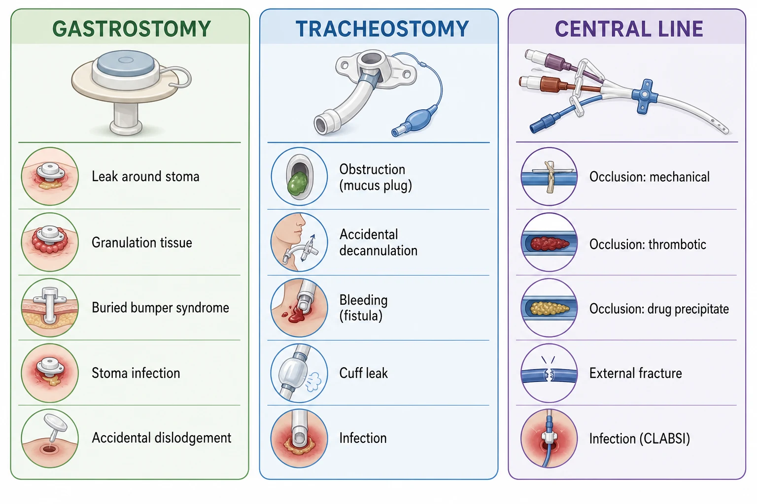 A schematic three-column reference card labelling the failure modes of the gastrostomy (leak, granulation, buried bumper, infection, dislodgement), the tracheostomy (obstruction, decannulation, bleeding, cuff leak) and the central line (mechanical occlusion, thrombotic occlusion, drug precipitate, fracture, infection)