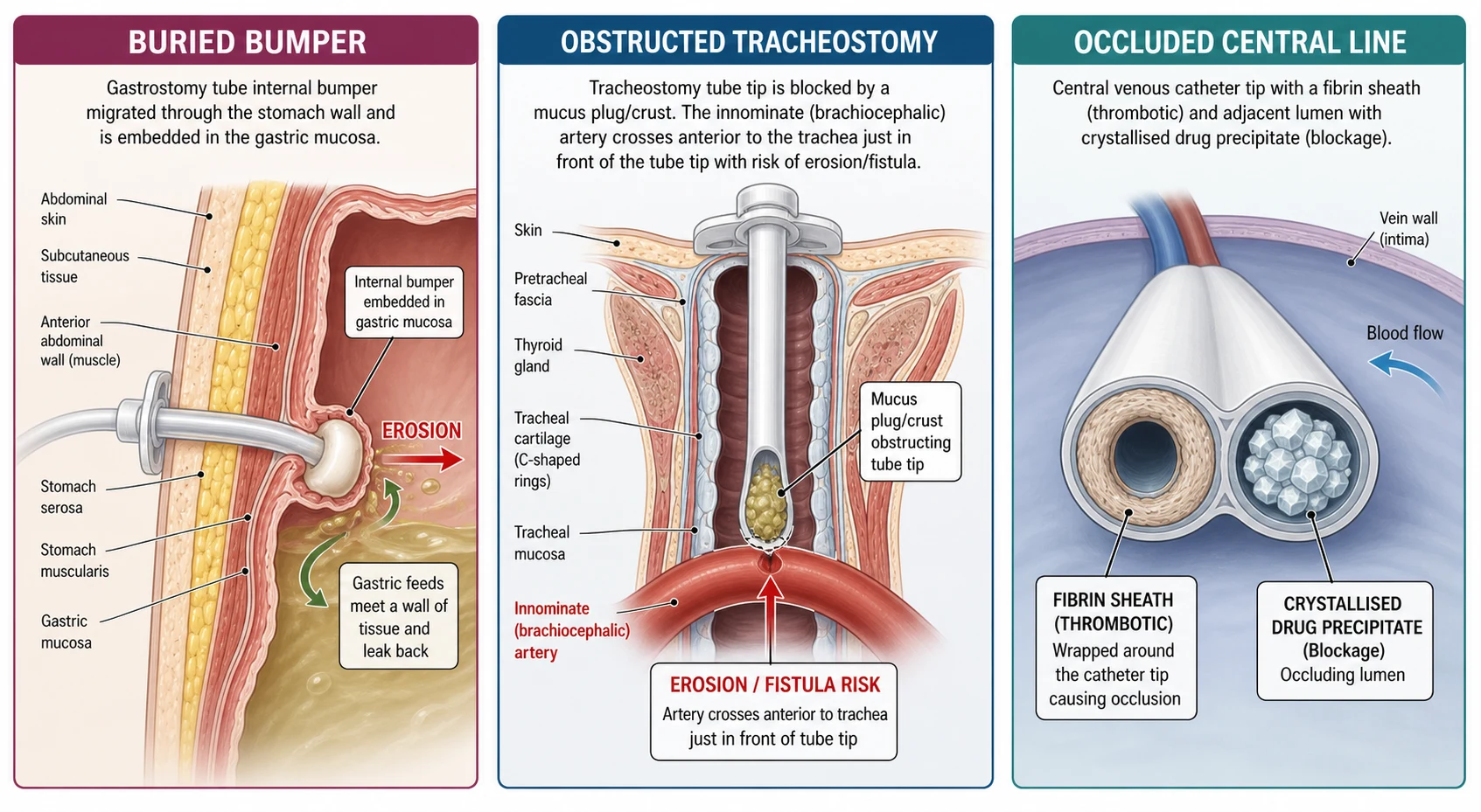 A schematic cross-section showing three panels: a gastrostomy balloon migrating through the gastric wall (buried bumper), a tracheostomy tube obstructed by a mucus plug with the innominate artery lying anterior to the trachea, and a central venous catheter with a fibrin sheath tip and a drug precipitate blockage