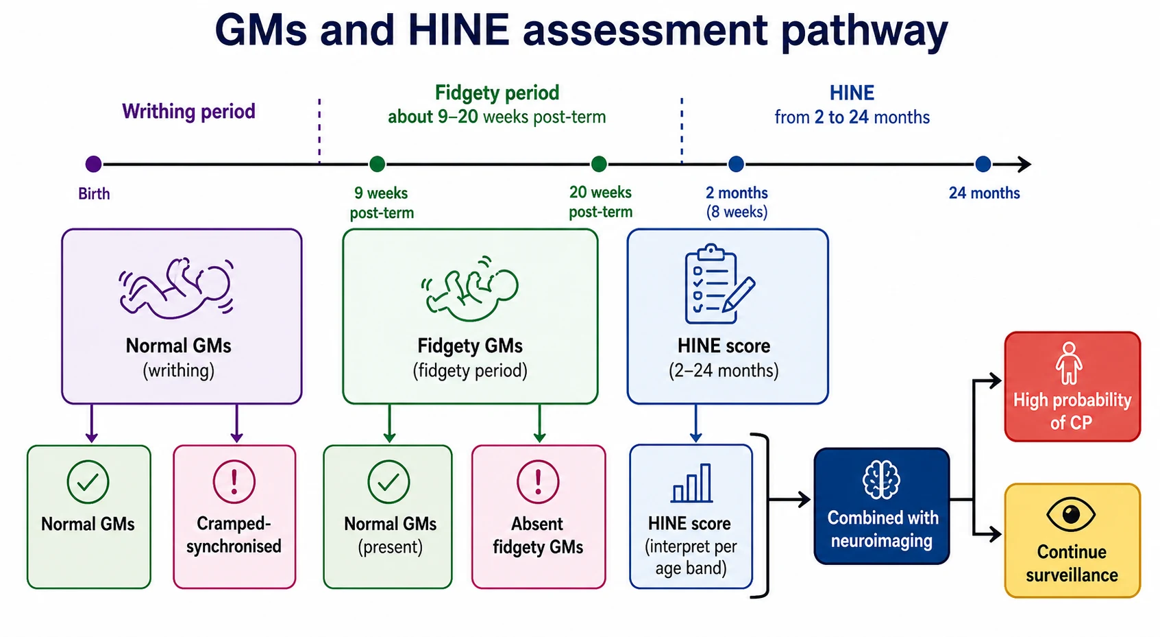 Educational timeline of writhing and fidgety general movements windows, HINE age band and combined risk pathway with neuroimaging