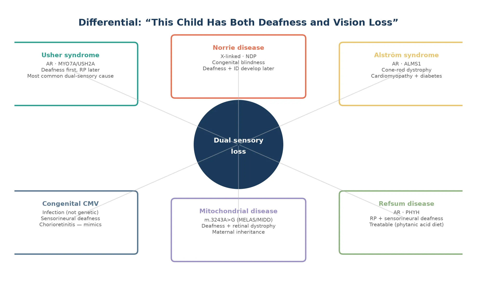Hub-and-spoke diagram centred on dual sensory loss with spokes radiating to Usher syndrome, Norrie disease, Alstrom syndrome, congenital CMV, mitochondrial disease, and Refsum disease, each with a brief description of inheritance, gene, and distinguishing features