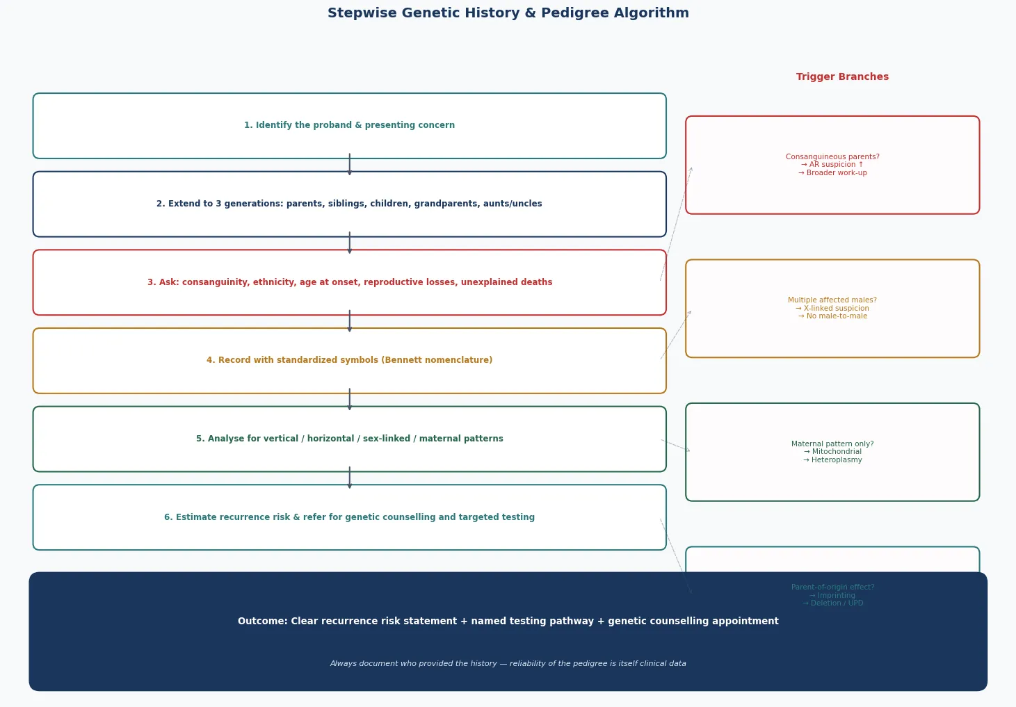 Five-step pathway columns — take the pedigree, confirm the diagnosis, establish the inheritance pattern, calculate and communicate the recurrence risk, and offer testing and reproductive options — each annotated with the key action, with a red footer naming non-directive counselling and the named coordinator