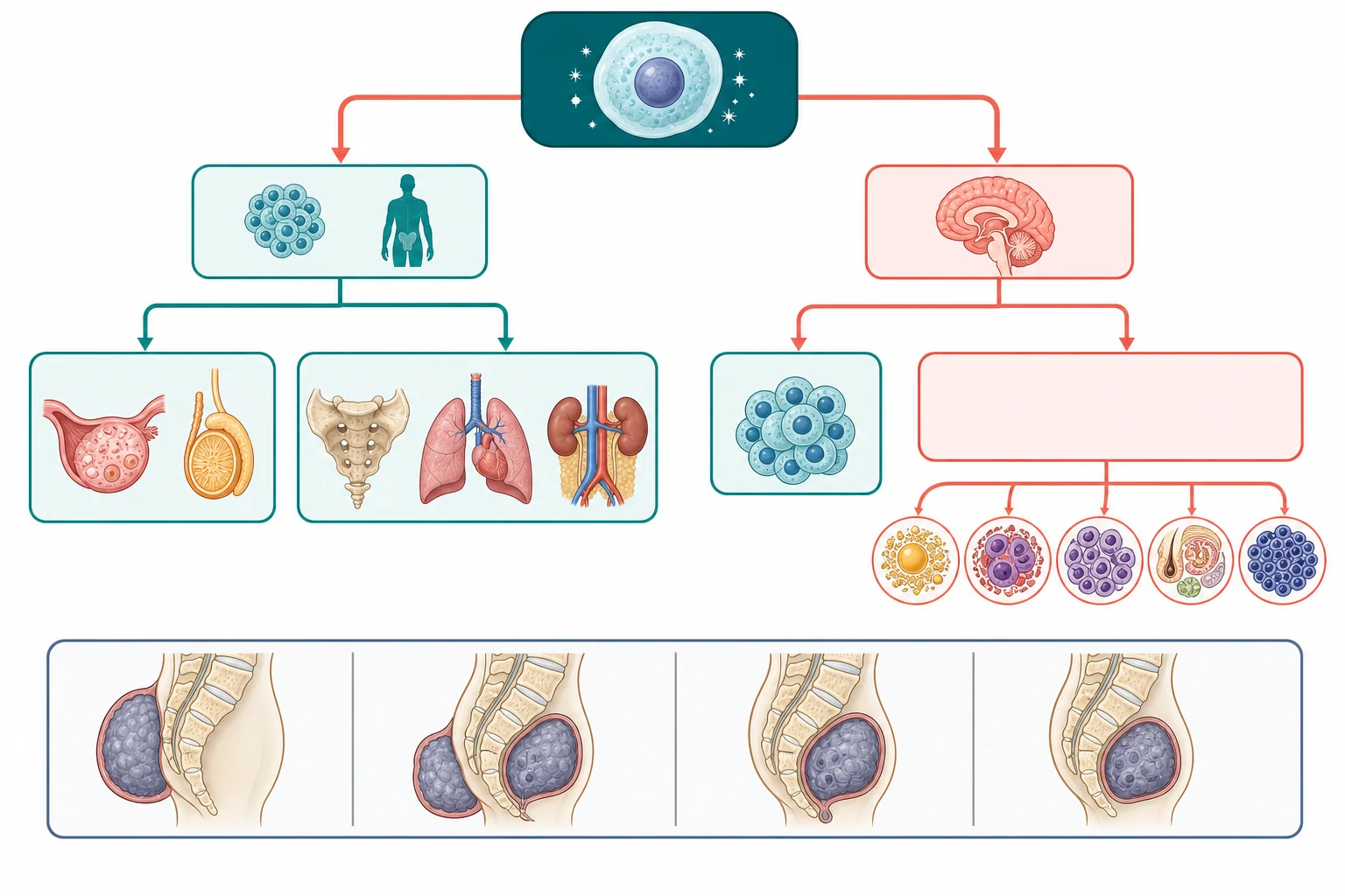 A clean medical-education taxonomy tree on a white background. A central primordial germ cell node branches via coloured arrows into an extracranial group with gonadal ovarian and testicular icons and extragonadal sacral, mediastinal and retroperitoneal icons, and an intracranial group with a germinoma box and a nongerminomatous box fanning out to yolk sac, choriocarcinoma, immature teratoma, mature teratoma and embryonal carcinoma icons. A bottom strip shows the four Altman sacrococcygeal teratoma types as four small side-profile sacral silhouettes with the mass in different positions. No text appears in the figure.