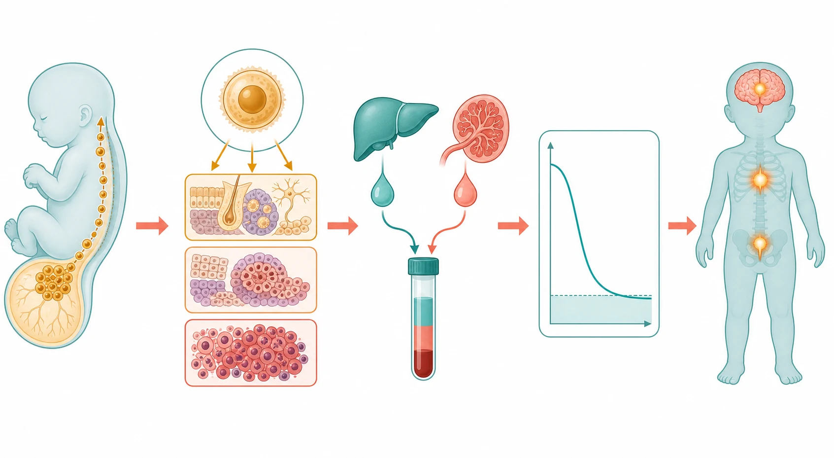 A clean scientific schematic on a white background flowing left to right in five connected stages joined by coral arrows. The first shows an embryo silhouette with amber primordial germ cells migrating along a dotted path from the yolk sac to the midline. The second shows a single germ cell fanning into three outcomes: organised mature teratoma tissue, partially organised immature tissue and disordered malignant cells. The third shows a teal liver icon secreting an alpha-fetoprotein droplet and a coral placenta icon secreting a beta-hCG droplet rising into a serum test tube. The fourth shows a descending curve of the neonatal alpha-fetoprotein falling to the adult range. The fifth shows a child silhouette with glowing tumour sites at the sacrum, mediastinum and midline brain. No text appears in the figure.