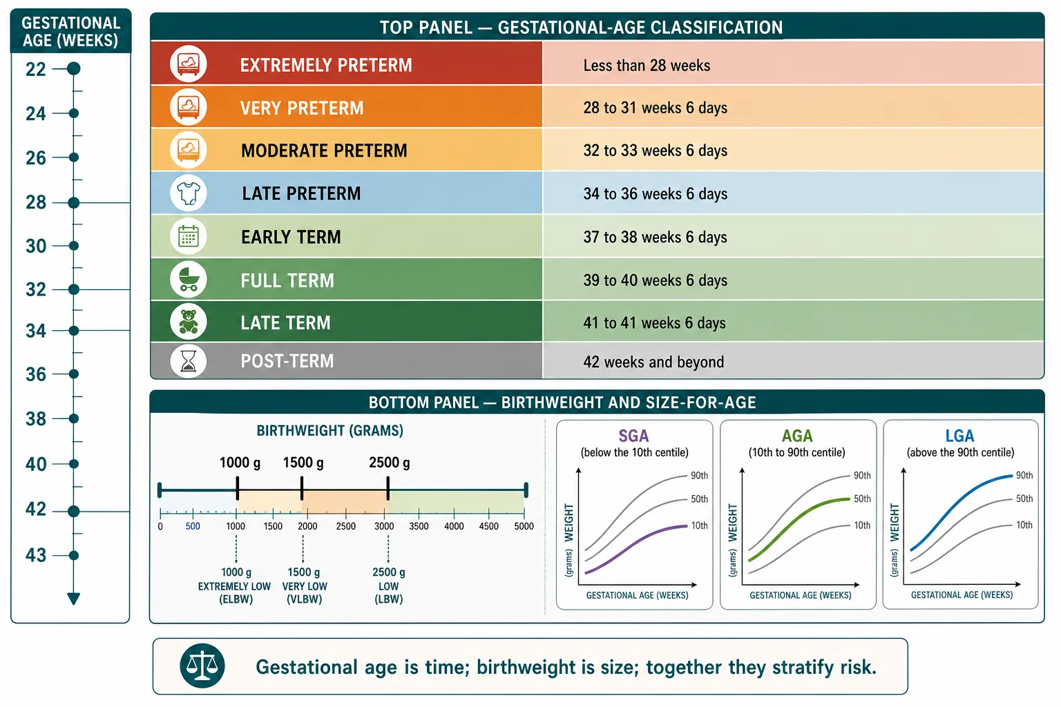 Educational schematic of gestational-age bands from extremely preterm to post-term, with birthweight categories and size-for-gestational-age axes