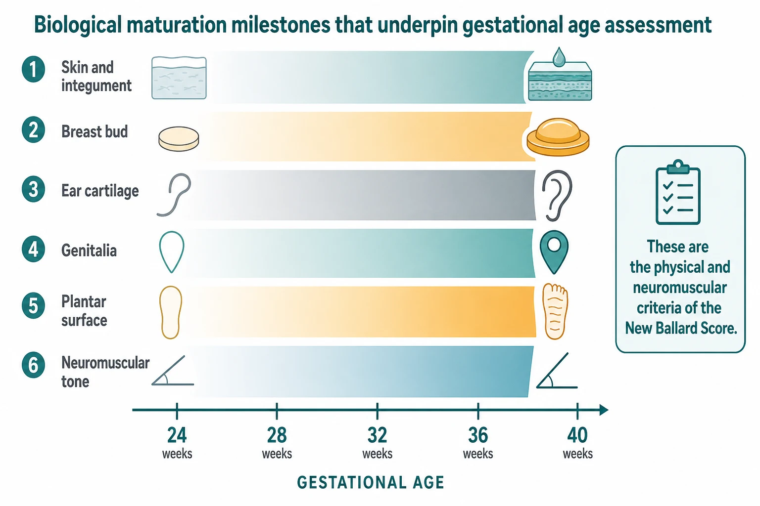 Educational schematic of the biological maturation milestones across skin, fat, cartilage, genitalia, plantar surface and neuromuscular tone that underpin gestational-age scoring