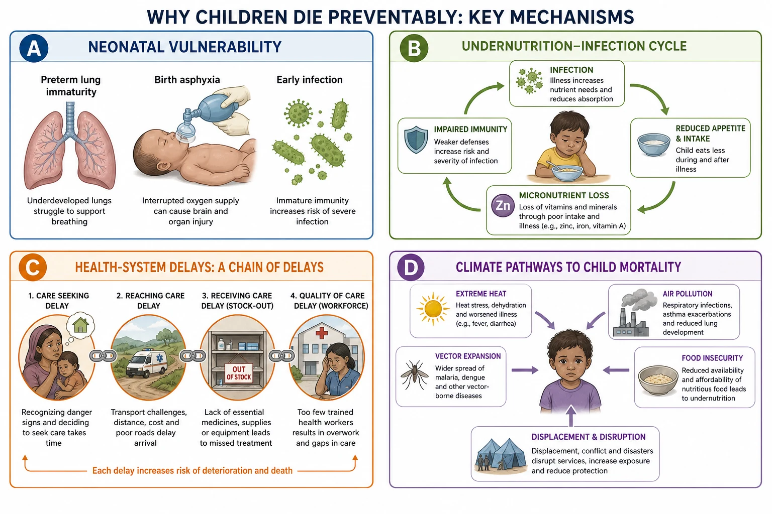 Four-panel educational schematic of neonatal vulnerability, undernutrition-infection cycle, health-system delays, and climate exposure pathways