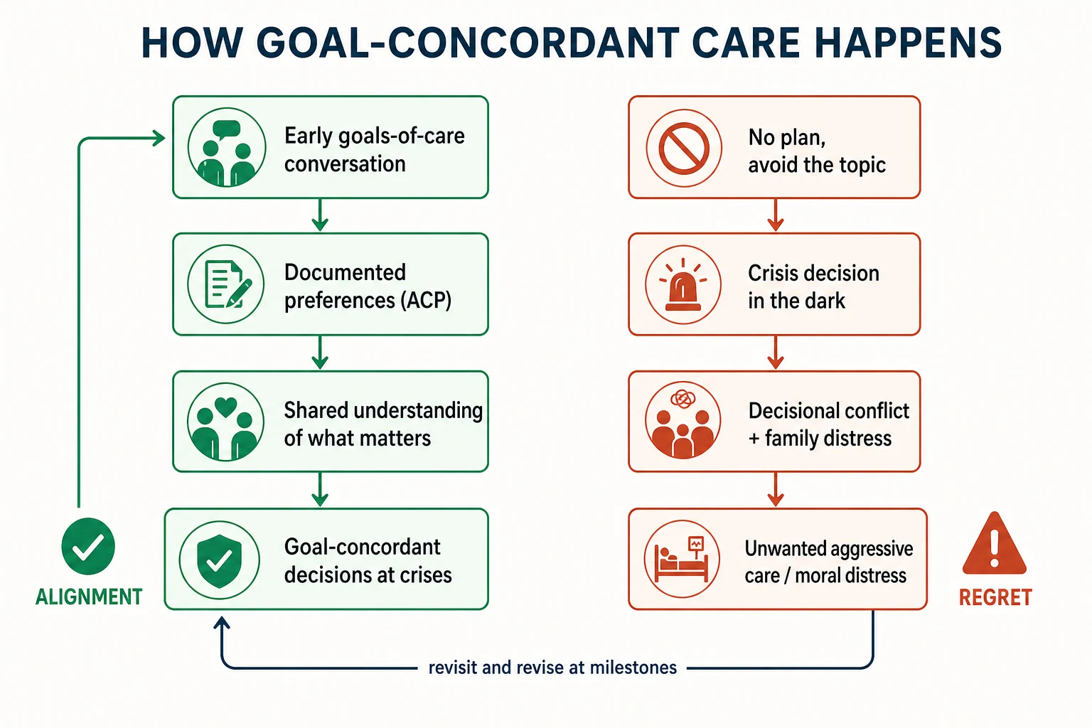 Mechanism diagram with a green pathway from early conversation to documented preferences to goal-concordant decisions, and a red failure pathway from no plan to crisis decisions and unwanted aggressive care