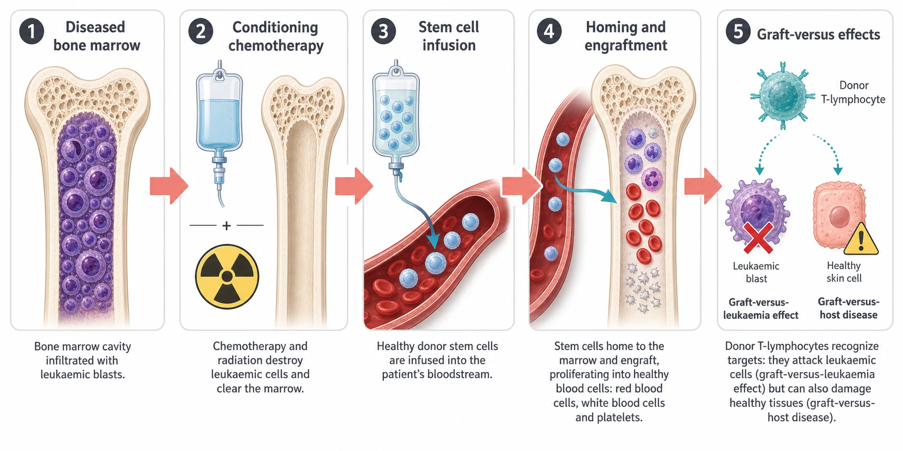 A clean scientific schematic on a white background flowing left to right in five connected boxes joined by coral arrows. The first box shows a diseased bone marrow cavity filled with abnormal violet cells. The second shows the conditioning chemotherapy with an intravenous bag icon and a radiation symbol clearing the marrow to leave a pale empty cavity. The third shows the infusion of pale blue stem cells into a bloodstream icon, with the cells homing to the marrow cavity in the fourth box and proliferating into healthy coral red cells, pale blue white cells and pale grey platelets. The fifth box shows the donor T-lymphocyte icon in teal recognising two targets: a leukaemic blast marked with a cross for the graft-versus-leukaemia effect, and a healthy skin cell marked with a warning triangle for the graft-versus-host disease. Soft shadows, clear sans-serif labels in dark grey.