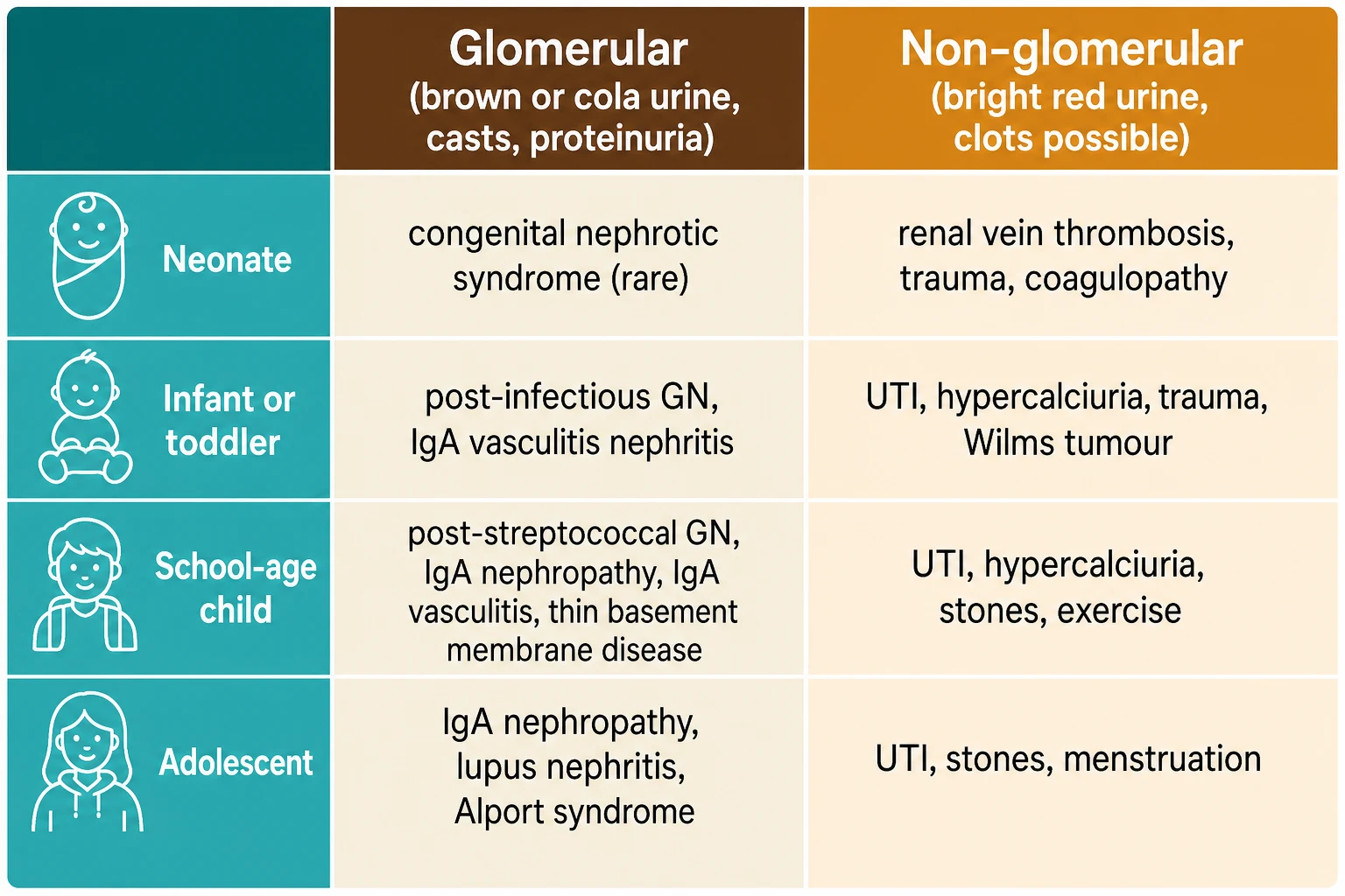 Two-axis classification grid of haematuria in children. The vertical axis lists the age bands neonate, infant or toddler, school-age child and adolescent. The horizontal axis splits glomerular haematuria, shown as brown or cola urine with casts and proteinuria, from non-glomerular haematuria, shown as bright red urine with possible clots. Each cell lists typical causes such as renal vein thrombosis, trauma and coagulopathy in the neonate, post-infectious glomerulonephritis and IgA vasculitis nephritis in the infant, post-streptococcal glomerulonephritis, IgA nephropathy and thin basement membrane disease in the school-age child, and lupus nephritis and Alport syndrome in the adolescent.