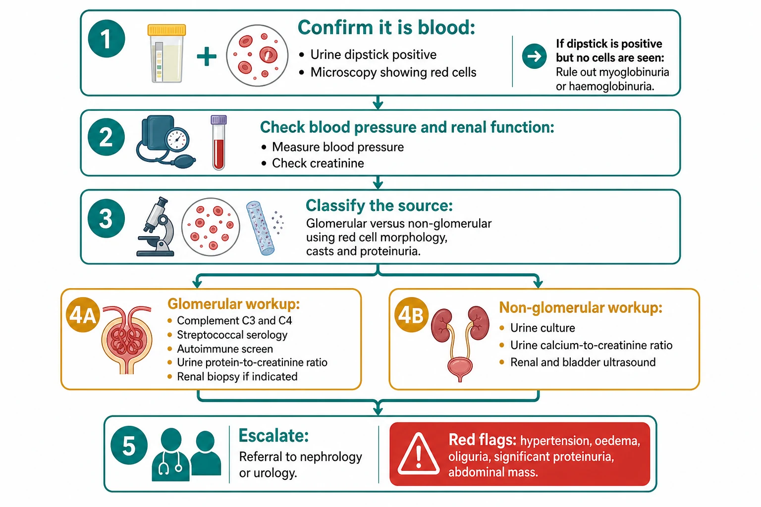 Diagnostic pathway flowchart for haematuria in children. Step one confirm it is blood with a positive dipstick and red cells on microscopy, and exclude myoglobinuria or haemoglobinuria if the dipstick is positive but no cells are seen. Step two check blood pressure and renal function. Step three classify the source as glomerular or non-glomerular using red cell morphology, casts and proteinuria. Step four branches into a glomerular workup with complement, streptococcal serology, autoimmune screen, urine protein-to-creatinine ratio and biopsy if indicated, and a non-glomerular workup with culture, urine calcium-to-creatinine ratio and renal ultrasound. Step five escalate to nephrology or urology, with red flags of hypertension, oedema, oliguria, significant proteinuria and an abdominal mass.