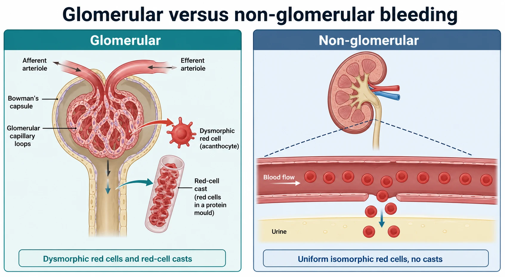Two-panel pathophysiology diagram. The glomerular panel shows a cross-section of a renal glomerulus with afferent and efferent arterioles and Bowman's capsule, with a dysmorphic acanthocyte and a red-cell cast, captioned dysmorphic red cells and red-cell casts. The non-glomerular panel shows a blood vessel below the kidney releasing uniform intact red cells into the urine with no casts, captioned uniform isomorphic red cells.