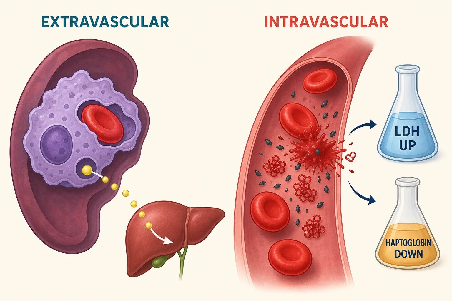 Pathophysiology diagram showing extravascular destruction on the left where splenic macrophages engulf antibody-coated red cells and release bilirubin, and intravascular destruction on the right where red cells burst inside vessels releasing free haemoglobin with lactate dehydrogenase rising and haptoglobin falling.