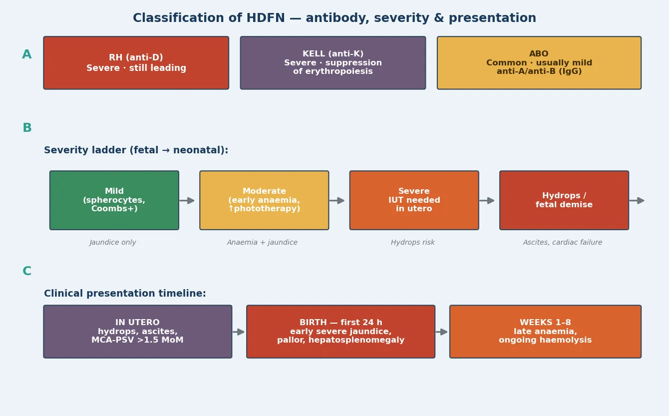 Educational three-row figure showing the antibody axis (RhD severe, Kell deceptive suppression of erythropoiesis, ABO common and mild), a four-rung severity ladder from mild jaundice to hydrops, and a presentation timeline from in-utero hydrops through early neonatal jaundice to late anaemia