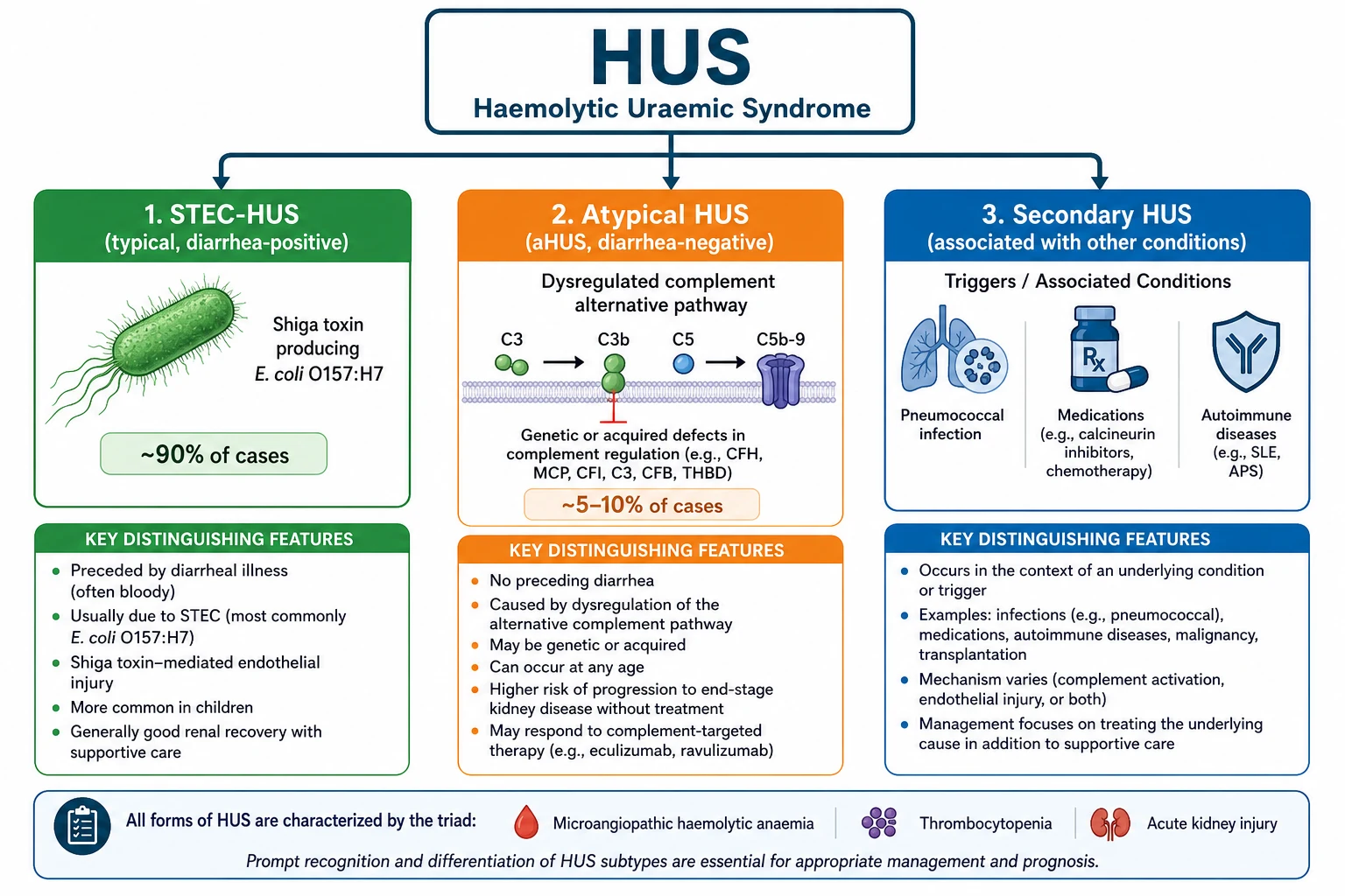 Classification diagram showing HUS branching into STEC-HUS (about 90 percent, green, Shiga toxin-producing E. coli O157:H7), atypical HUS (about 5 to 10 percent, orange, complement alternative pathway dysregulation), and secondary HUS (blue, triggered by pneumococcal infection, drugs, autoimmune disease), with key distinguishing features listed under each.