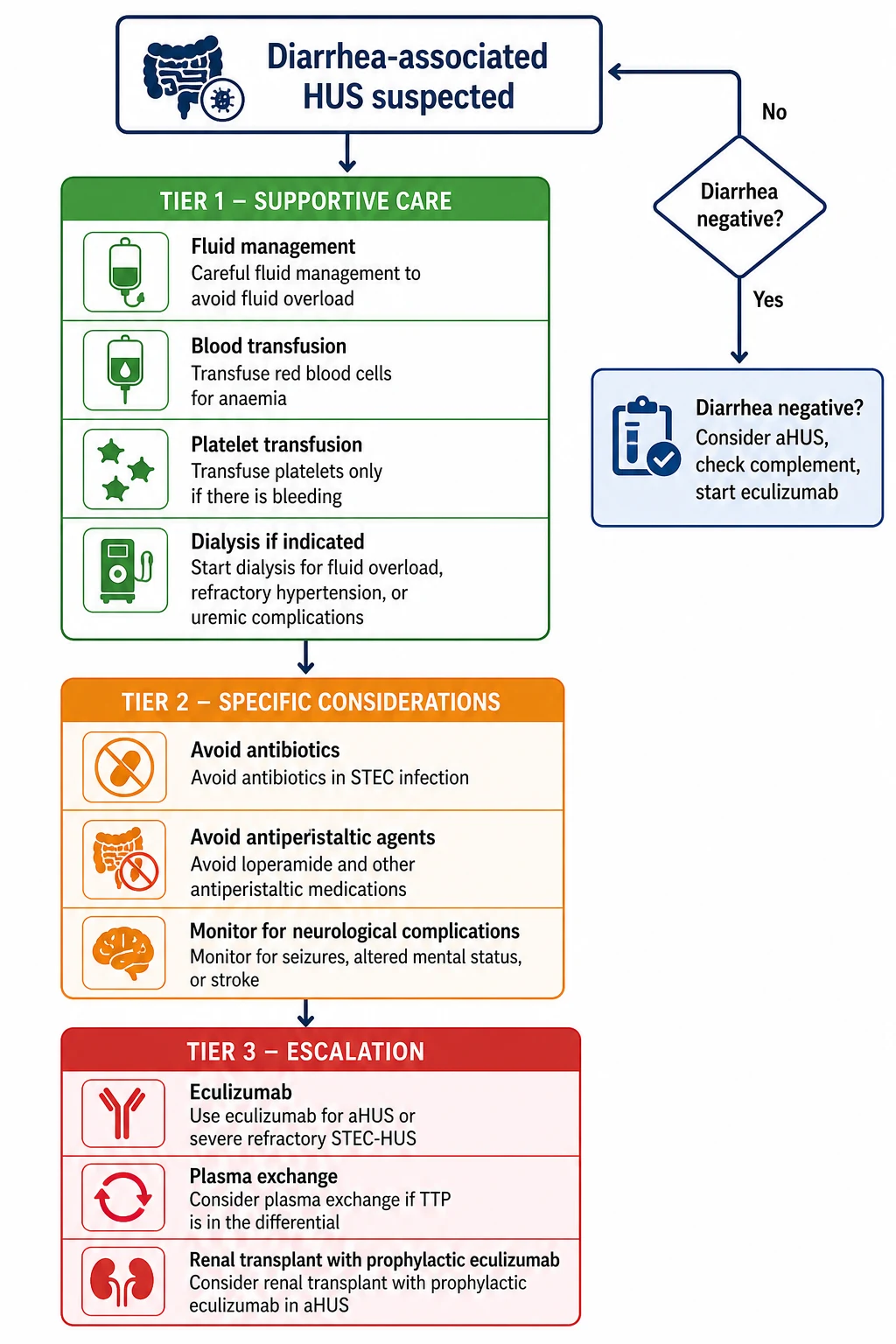 Management algorithm for haemolytic uraemic syndrome in children: starting from suspected HUS, flowing through supportive care for STEC-HUS (fluid management, transfusion, dialysis), avoidance of antibiotics and antimotility agents, escalation to eculizumab for aHUS or severe refractory STEC-HUS with neurological involvement, and a decision point for diarrhoea-negative cases to check complement and start complement blockade.