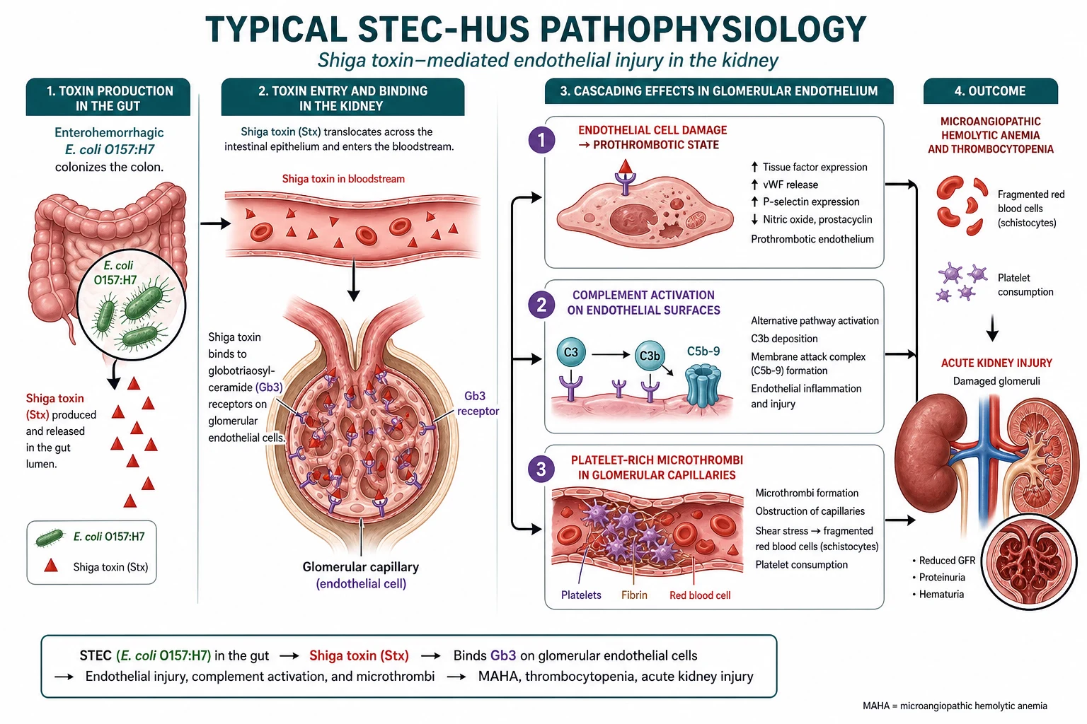 Pathophysiology diagram of STEC-HUS: E. coli O157:H7 in the gut produces Shiga toxin, which enters the bloodstream and binds to Gb3 receptors on glomerular endothelial cells, causing endothelial injury, complement activation, and formation of platelet-rich microthrombi in glomerular capillaries, leading to schistocyte formation, platelet consumption, and acute kidney injury.